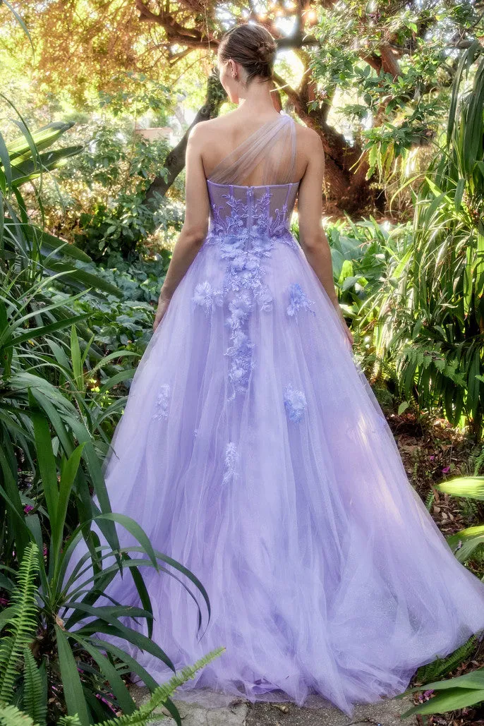 Andrea & Leo Couture A1053 One Shoulder Prom Dress Sheer Lace Maxi Slit Shimmer A Line Formal Gown