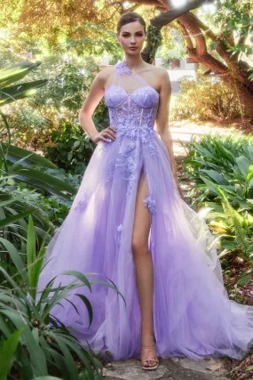 Andrea & Leo Couture A1053 One Shoulder Prom Dress Sheer Lace Maxi Slit Shimmer A Line Formal Gown