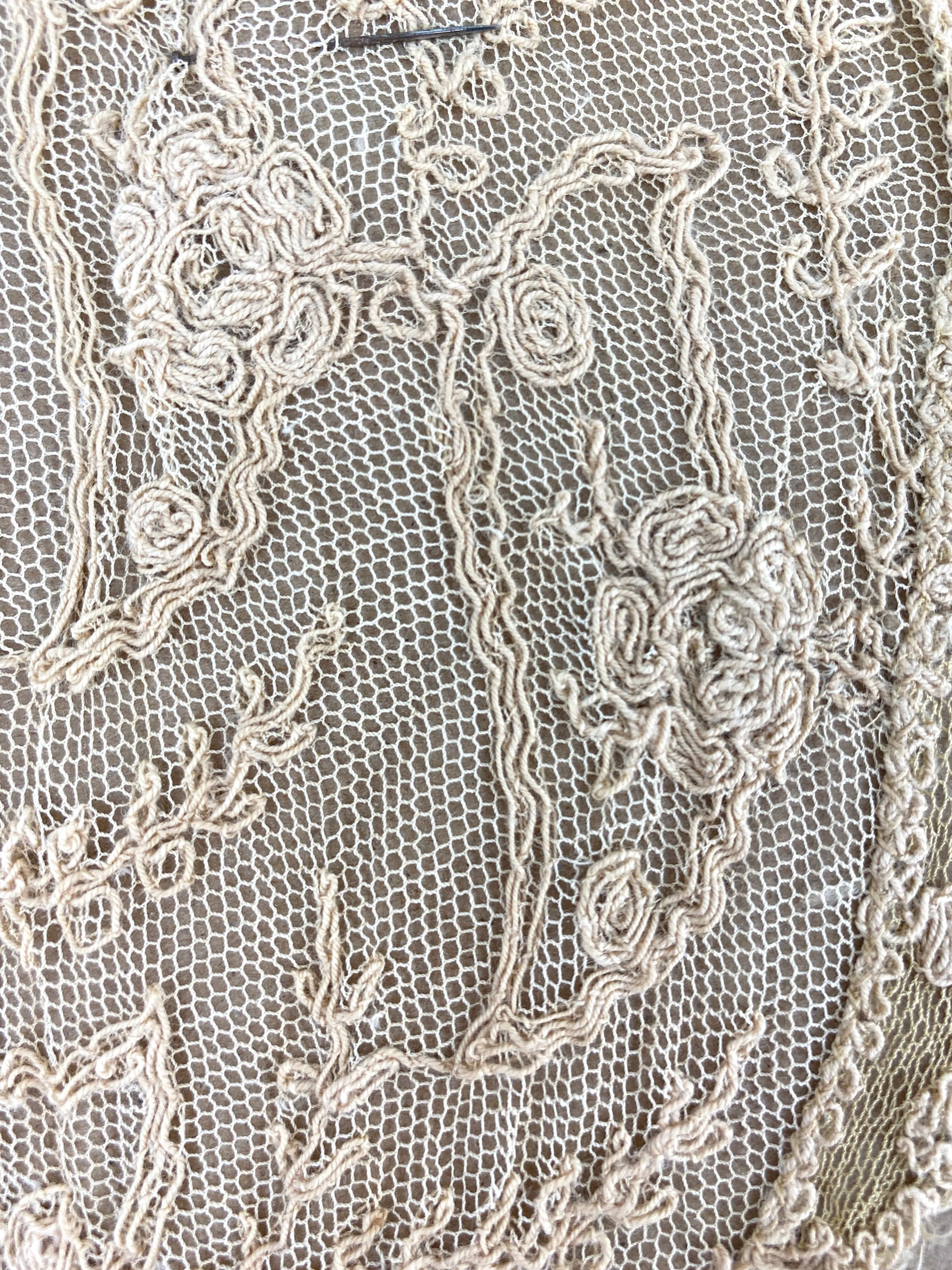 Antique Edwardian Beige Cord Embroidered Fichu Collar, Doubles