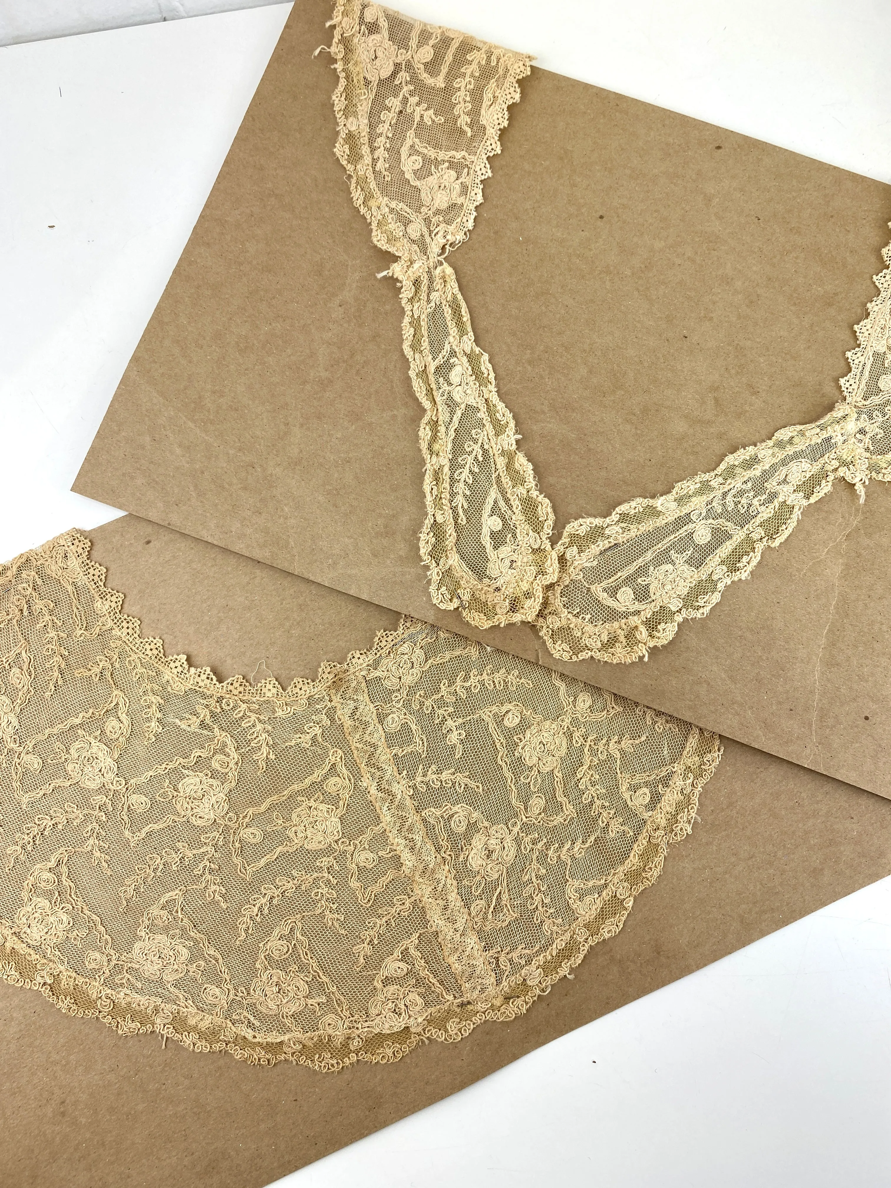 Antique Edwardian Beige Cord Embroidered Fichu Collar, Doubles