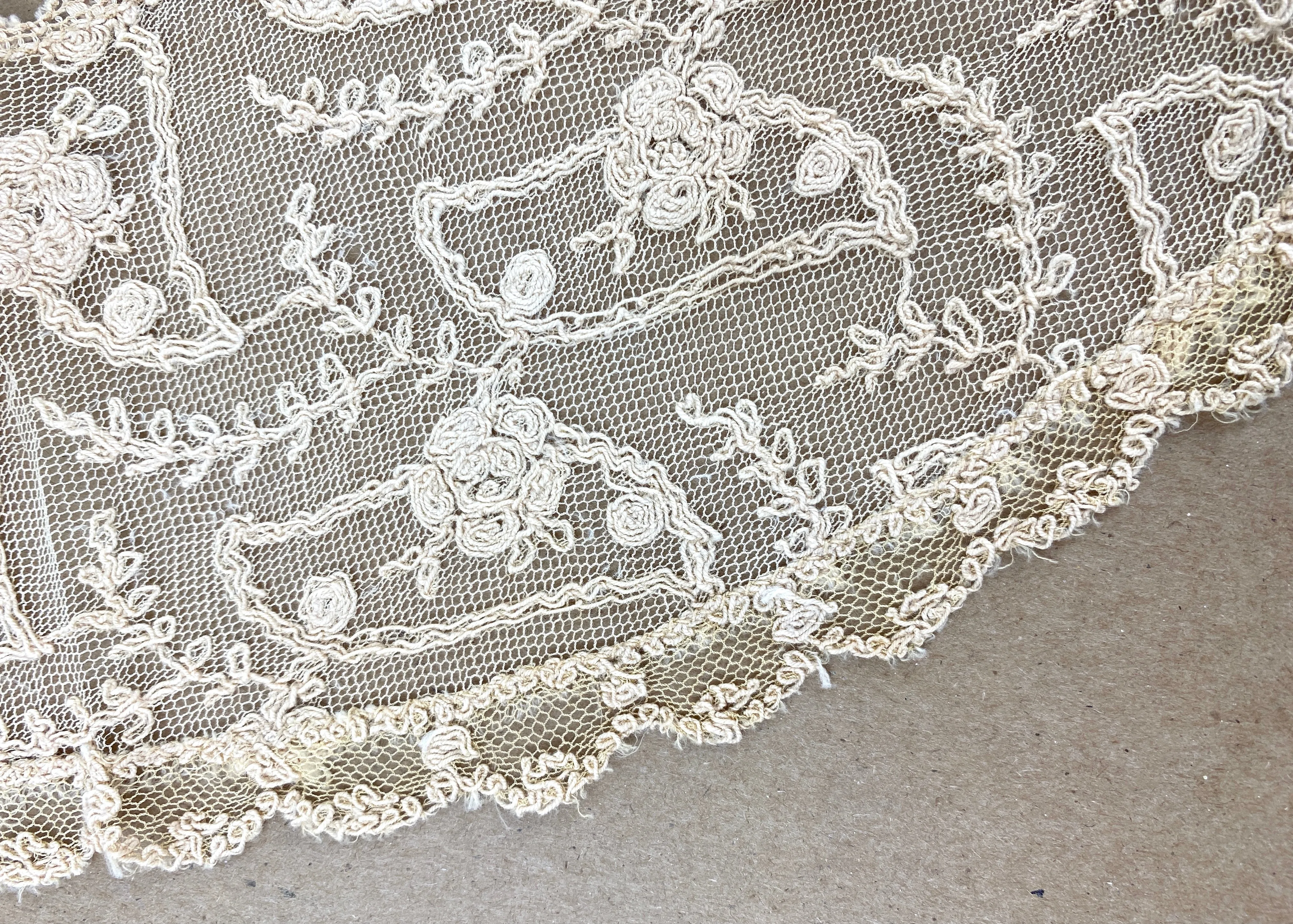 Antique Edwardian Beige Cord Embroidered Fichu Collar, Doubles