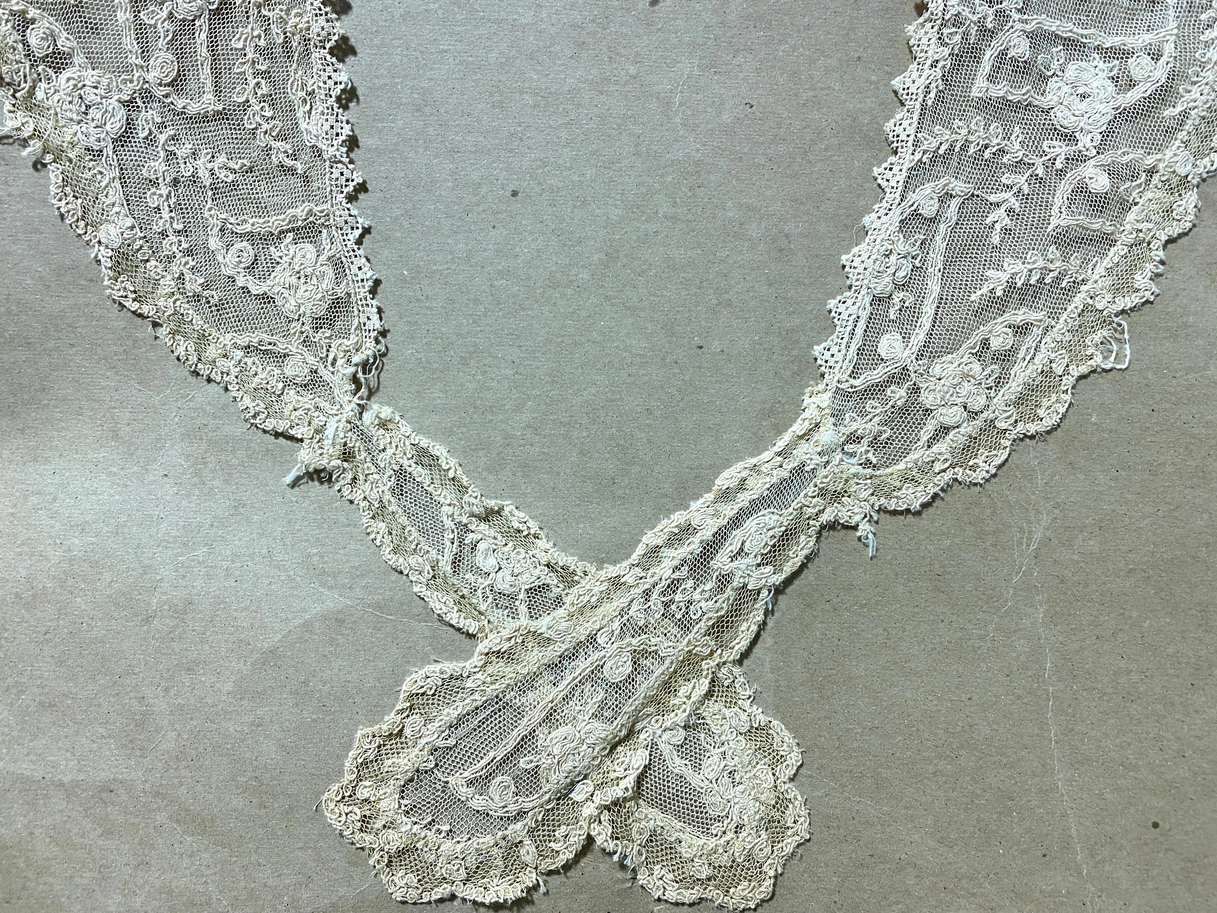 Antique Edwardian Beige Cord Embroidered Fichu Collar, Doubles