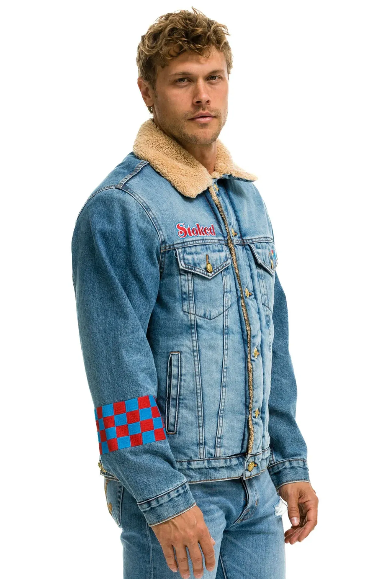 AVIATOR NATION SMALL STOKED BOLT SMILEY RANCH SHERPA DENIM JACKET - SUPER LIGHT