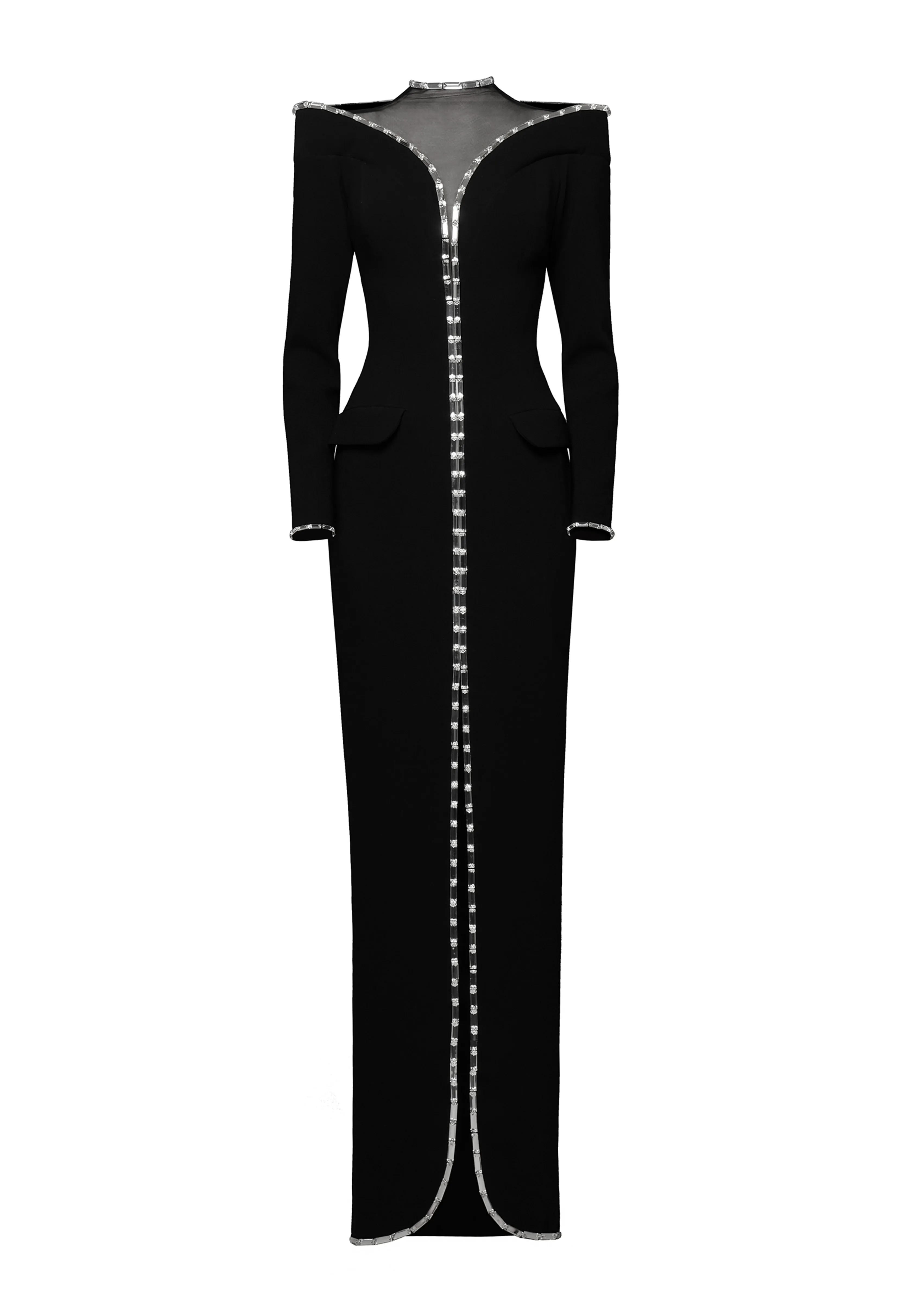 Black crêpe coat dress with crystal baguettes outline
