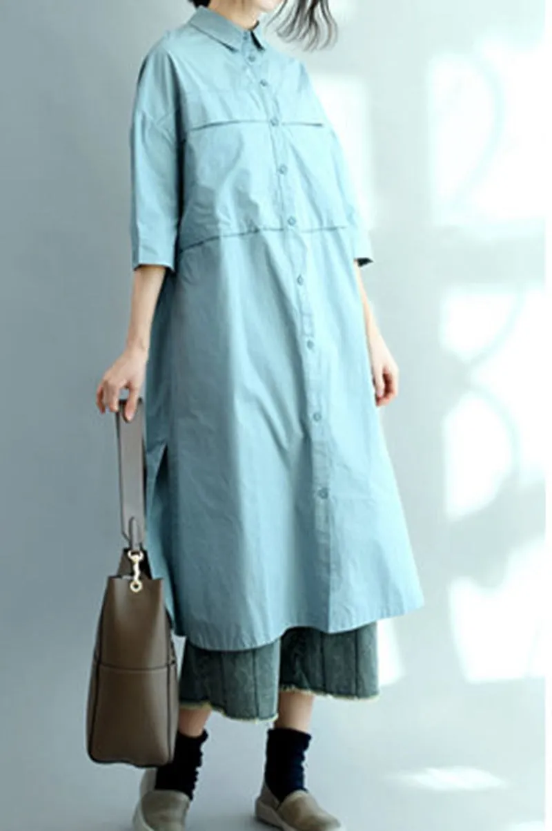 Blue Long Cotton Shirts for Women 3/4 Sleeve Loose Shirt C2071