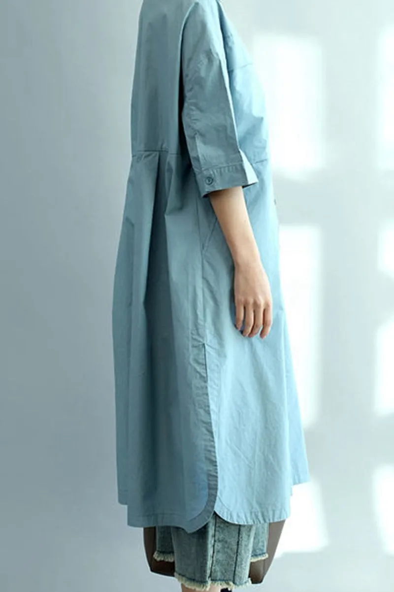 Blue Long Cotton Shirts for Women 3/4 Sleeve Loose Shirt C2071