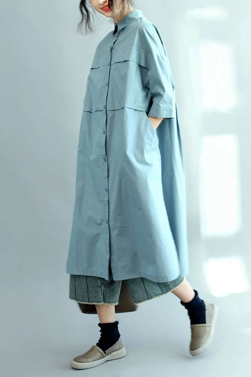 Blue Long Cotton Shirts for Women 3/4 Sleeve Loose Shirt C2071