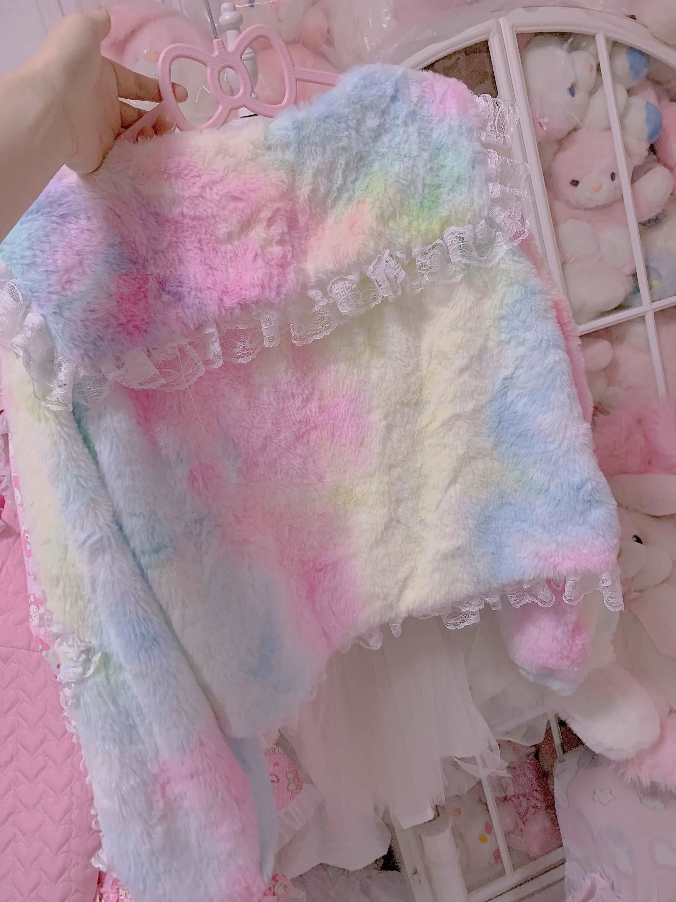 Candy Fairy Rainbow Ice Cream Colorful Princess Sailor Collar Bow Ruffled Plush Fur Jacket