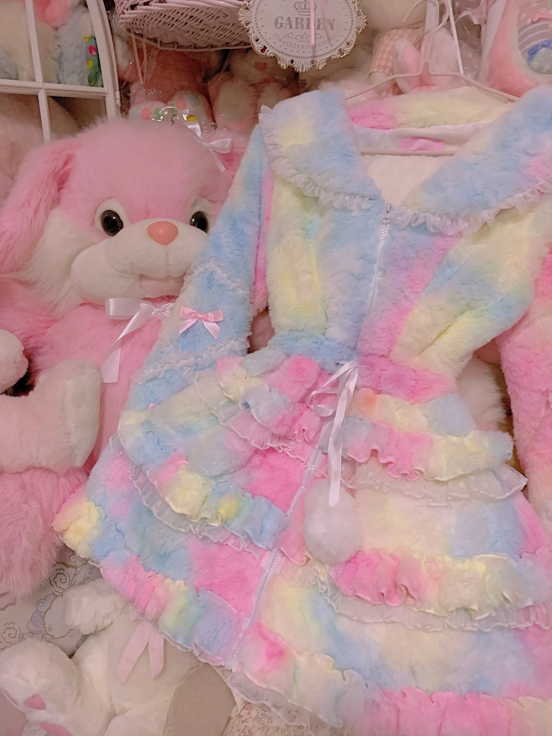 Candy Fairy Rainbow Ice Cream Colorful Princess Sailor Collar Bow Ruffled Plush Fur Jacket
