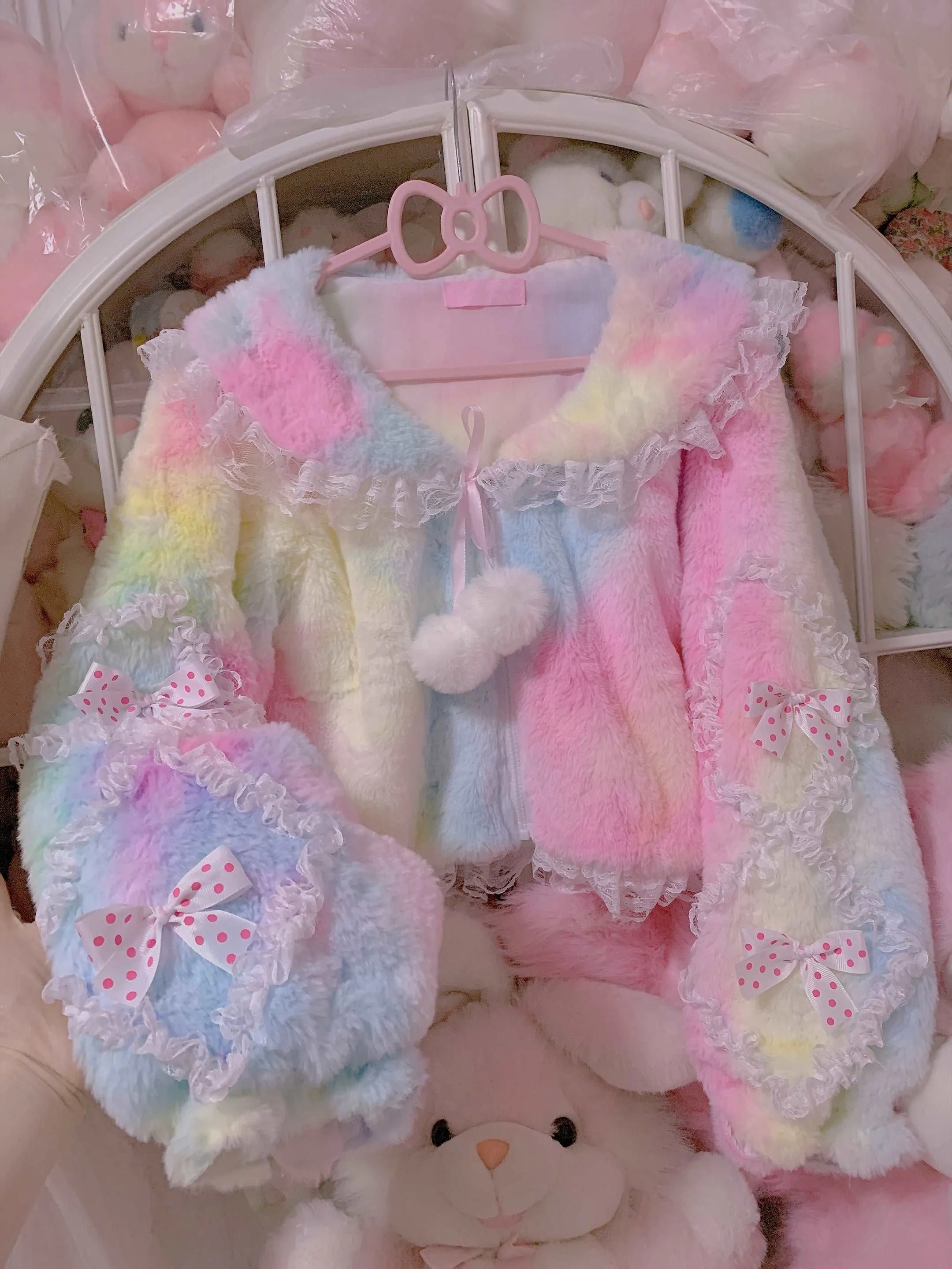 Candy Fairy Rainbow Ice Cream Colorful Princess Sailor Collar Bow Ruffled Plush Fur Jacket