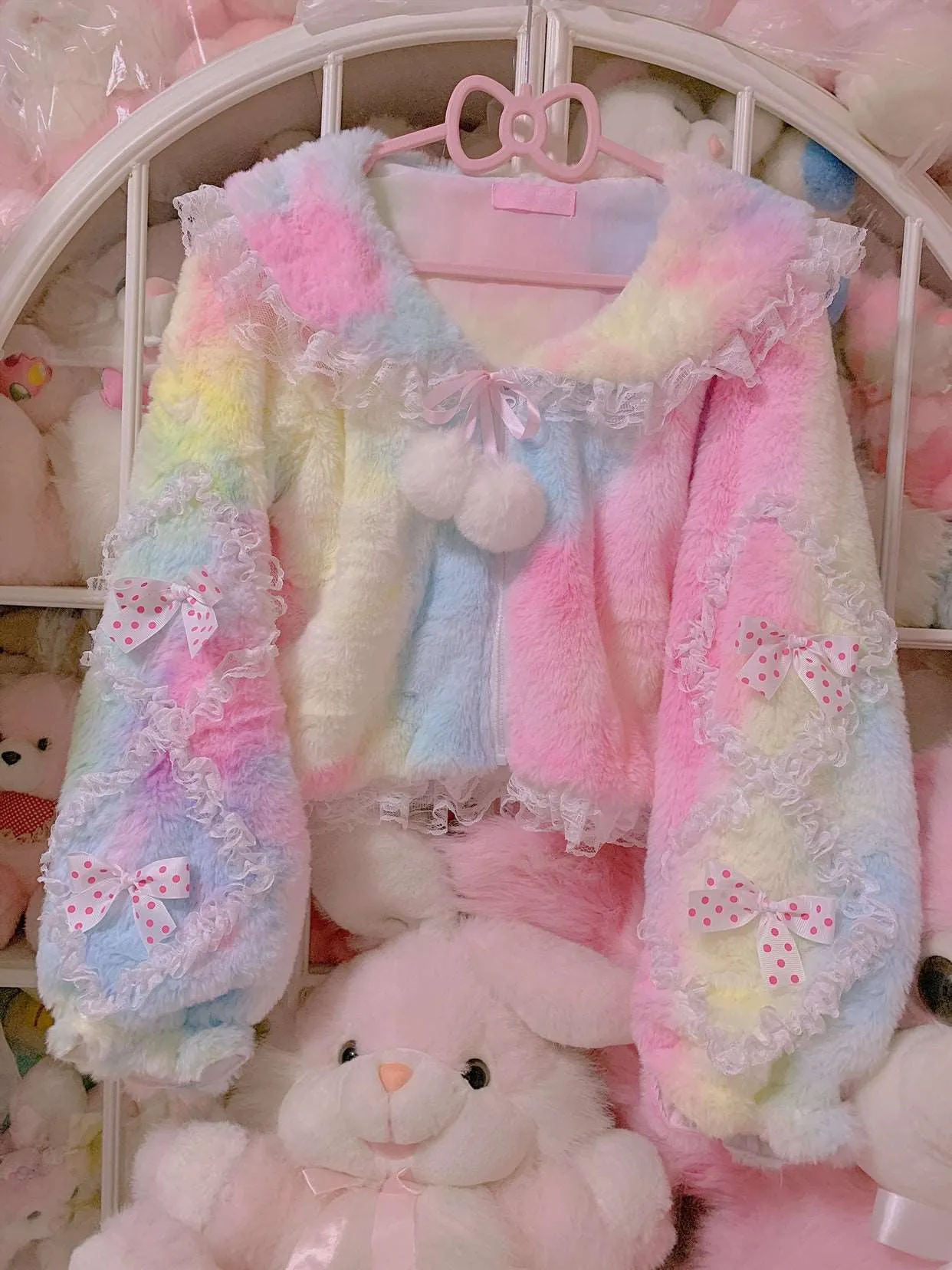 Candy Fairy Rainbow Ice Cream Colorful Princess Sailor Collar Bow Ruffled Plush Fur Jacket