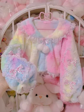 Candy Fairy Rainbow Ice Cream Colorful Princess Sailor Collar Bow Ruffled Plush Fur Jacket