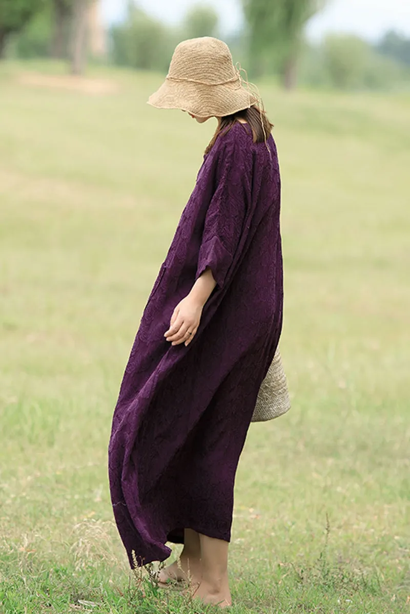 Casual V Neck Maxi Dresses Women Loose Cotton Linen Outfits Q1674