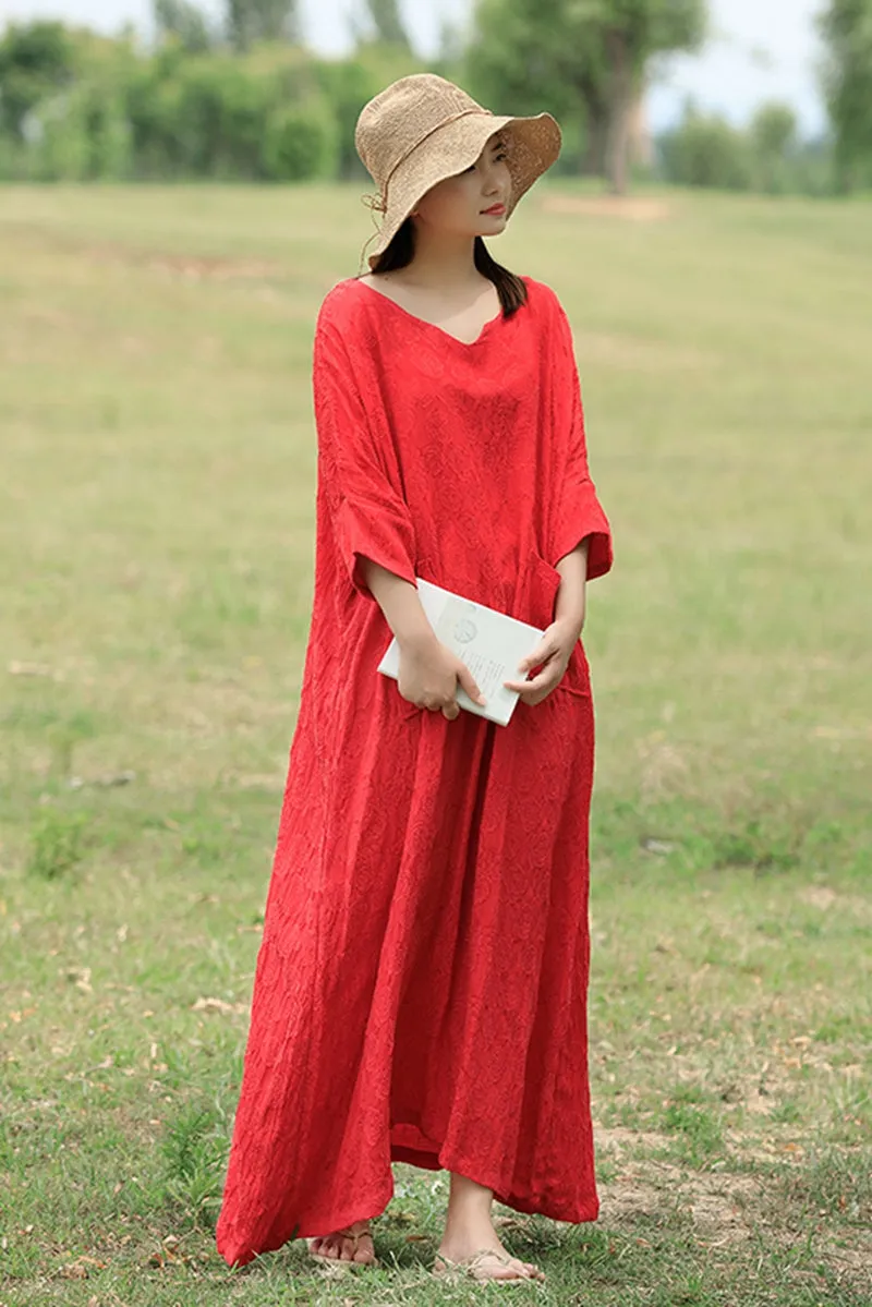 Casual V Neck Maxi Dresses Women Loose Cotton Linen Outfits Q1674