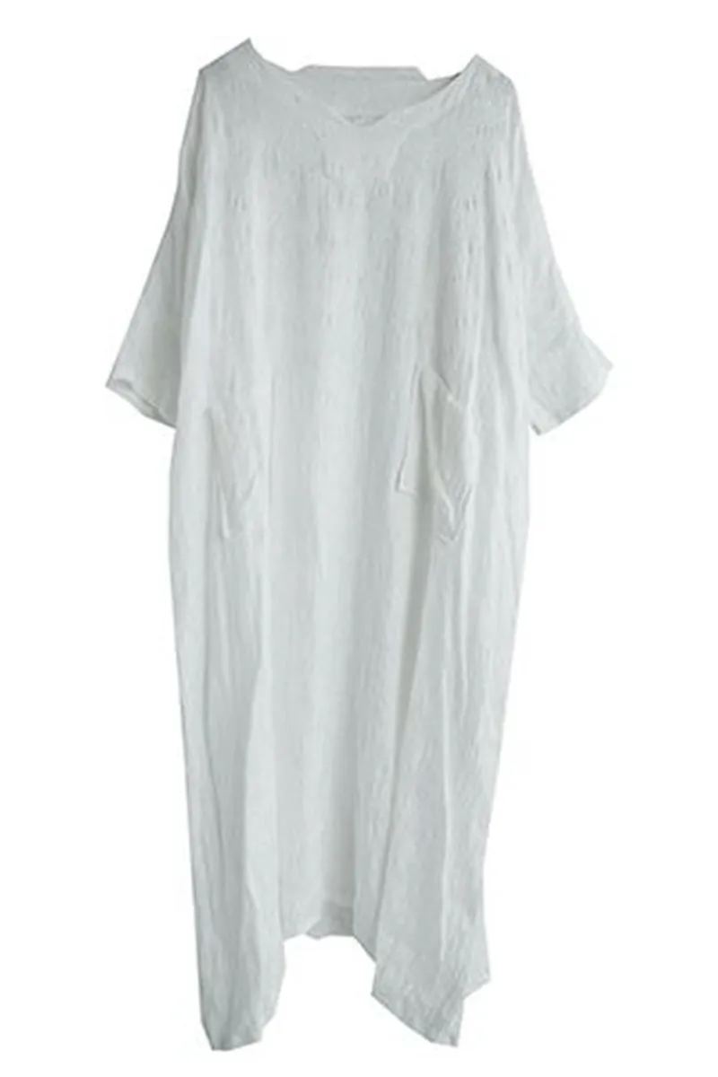 Casual V Neck Maxi Dresses Women Loose Cotton Linen Outfits Q1674
