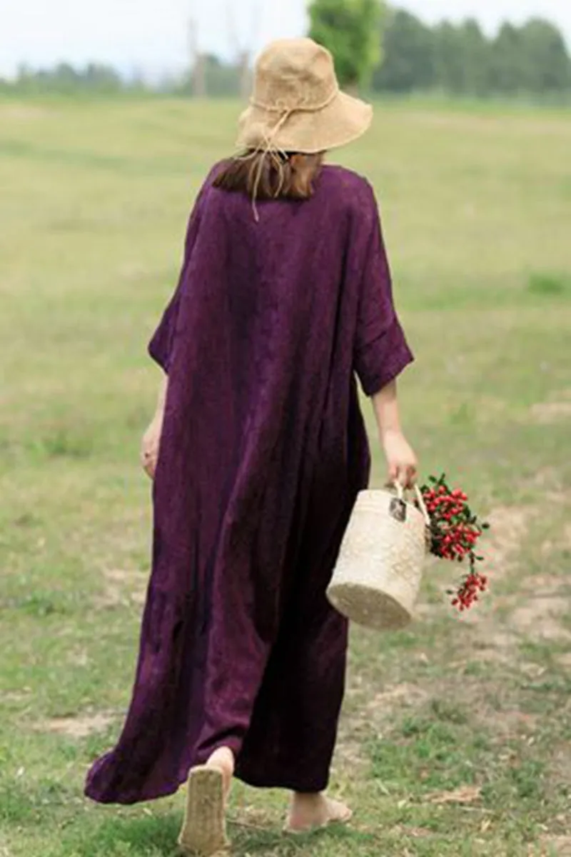 Casual V Neck Maxi Dresses Women Loose Cotton Linen Outfits Q1674