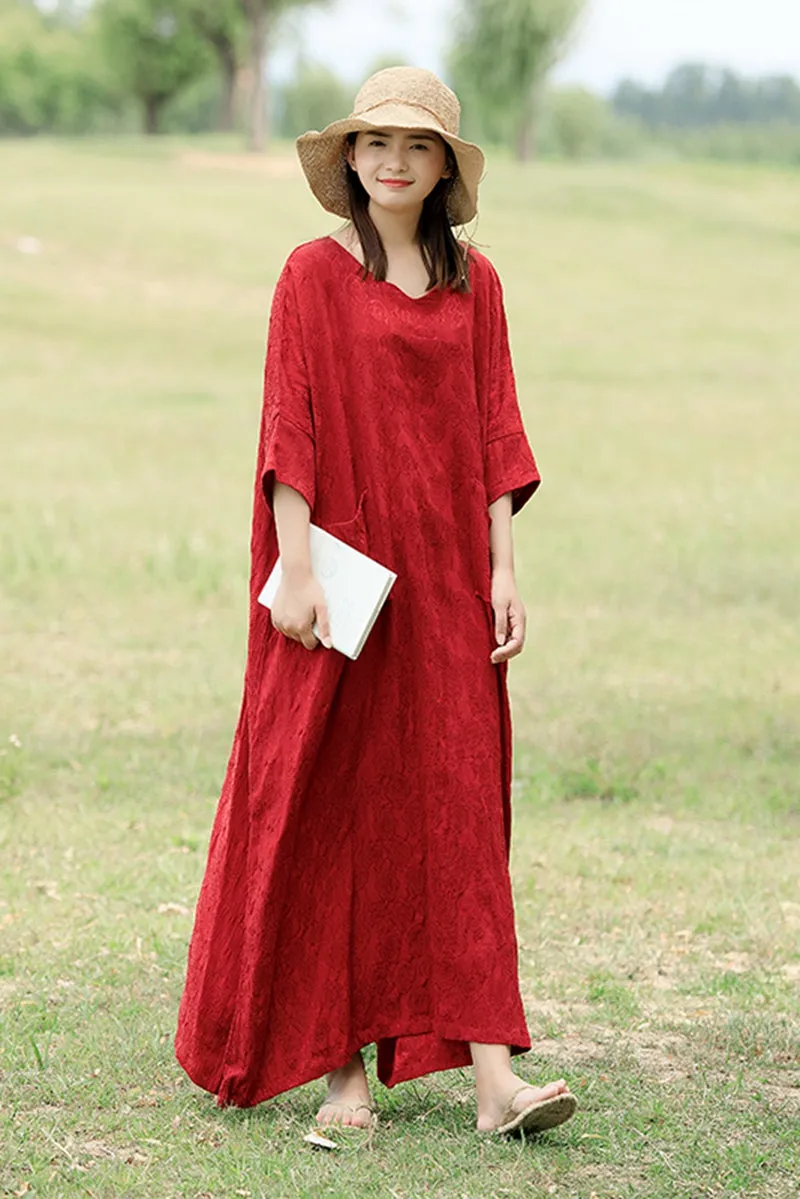 Casual V Neck Maxi Dresses Women Loose Cotton Linen Outfits Q1674