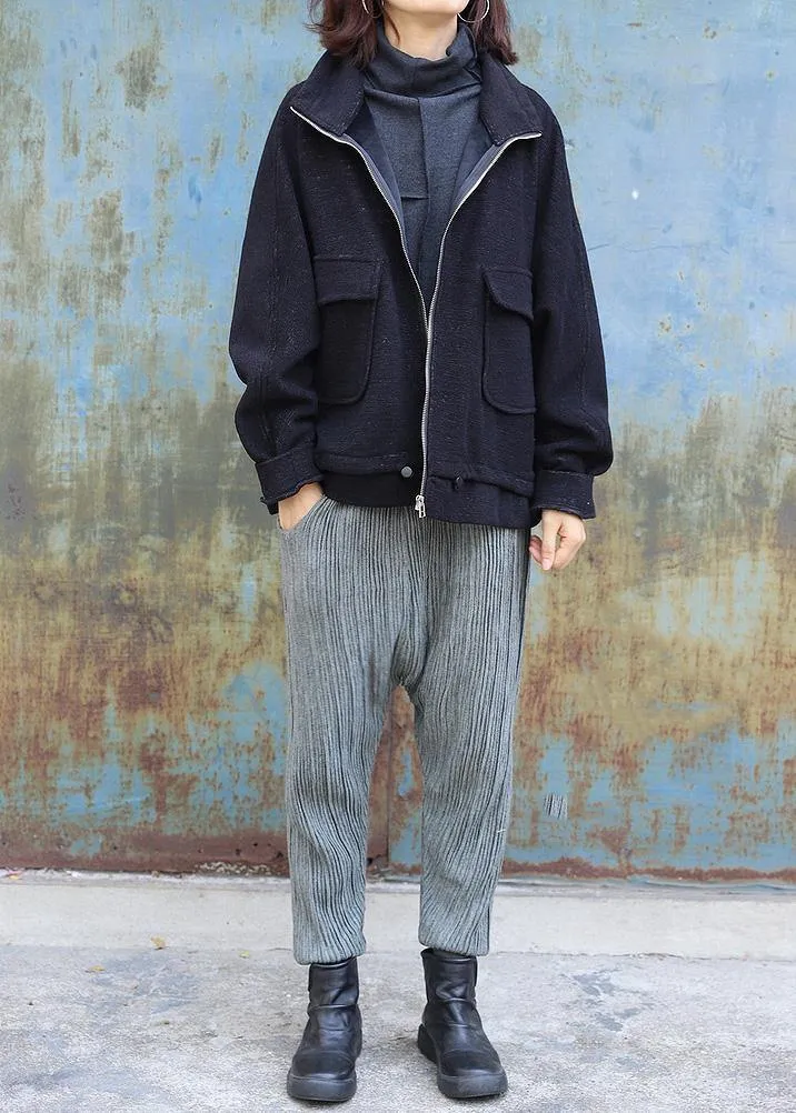 Classy black Fine maxi coat pattern zippered high neck coat