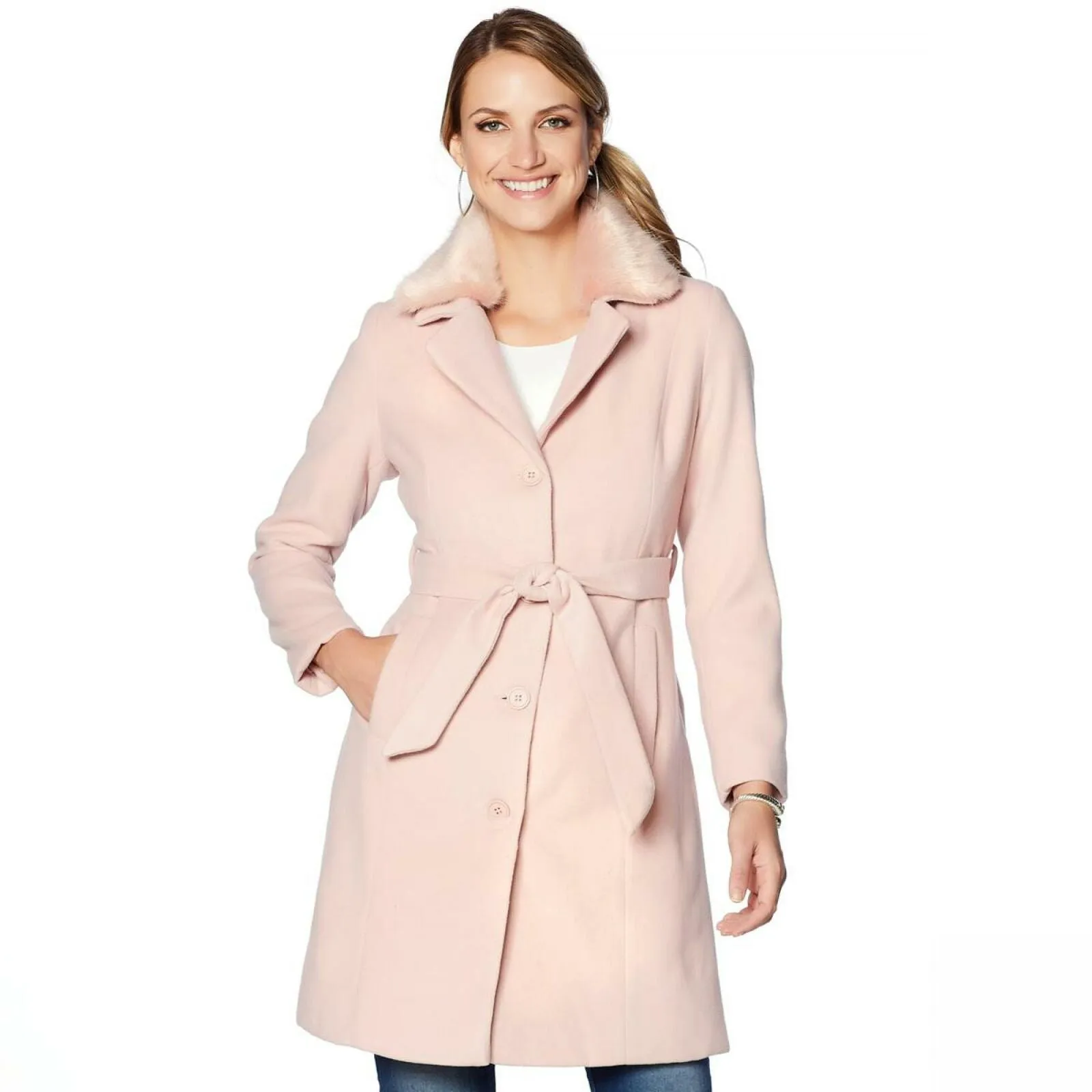 Colleen Lopez Women's Woven Coat With Removable Faux Fur Collar Blush Medium