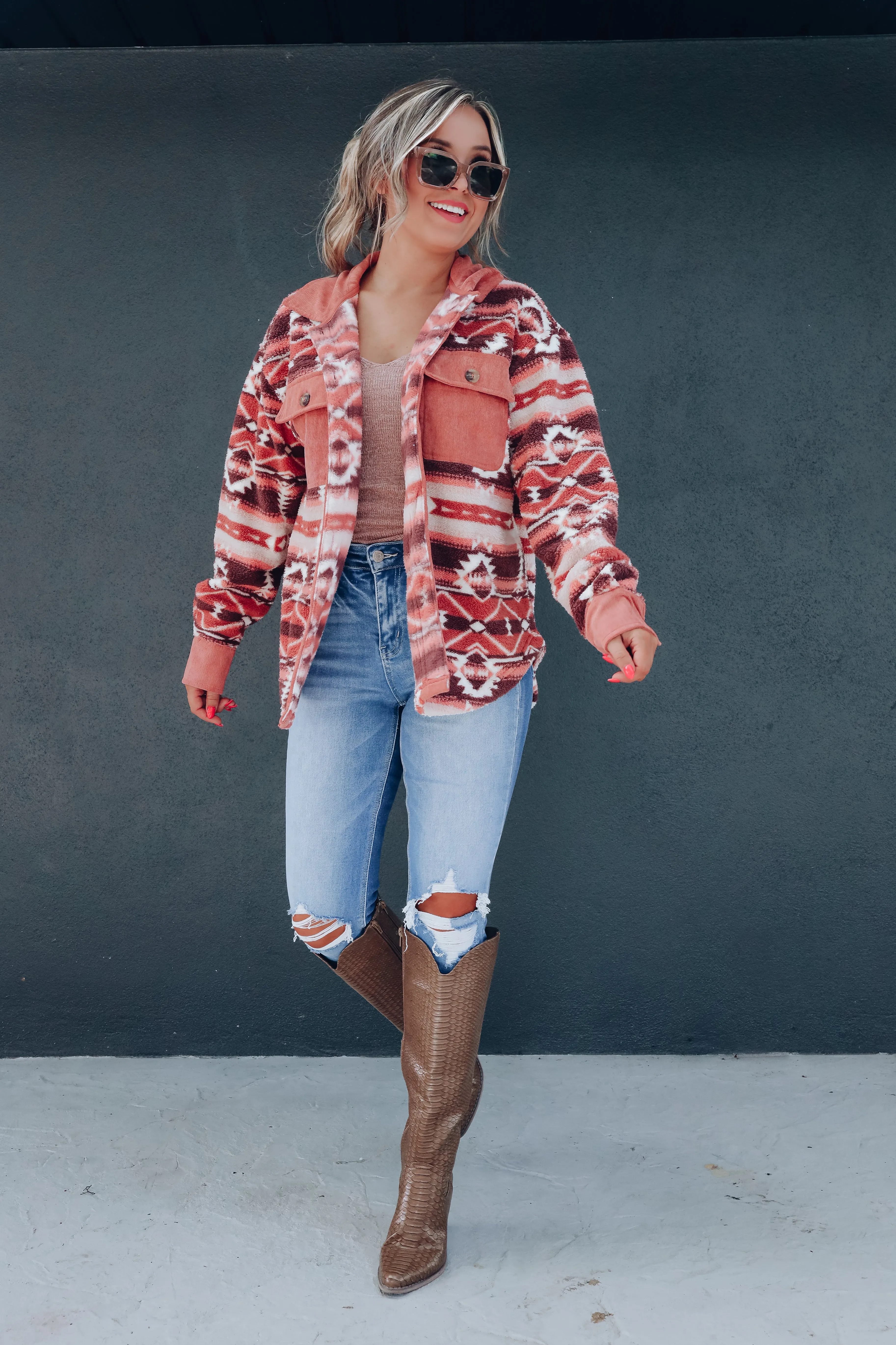 Cozy Aztec Sherpa Shacket - Rose/Tan