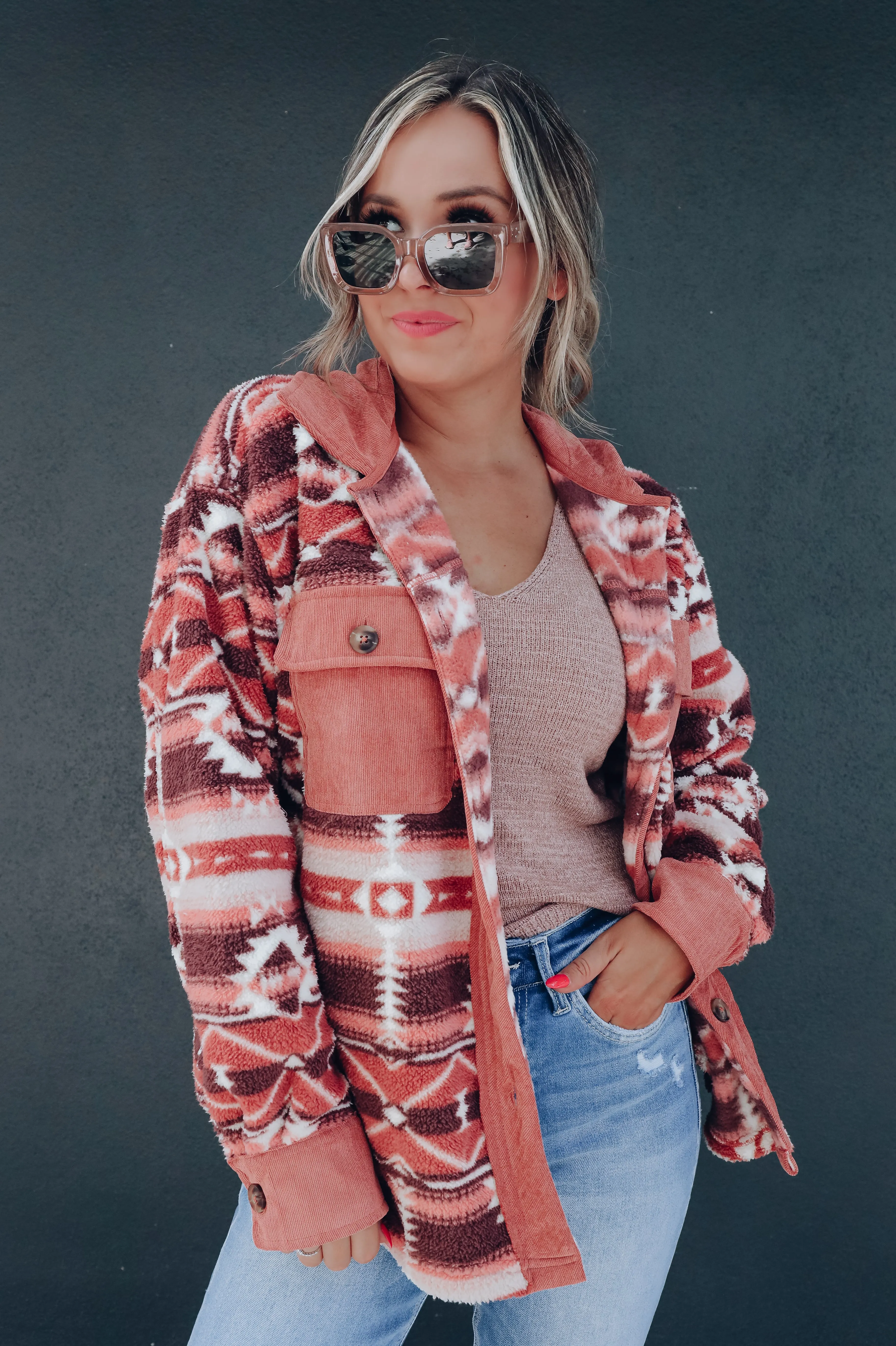 Cozy Aztec Sherpa Shacket - Rose/Tan