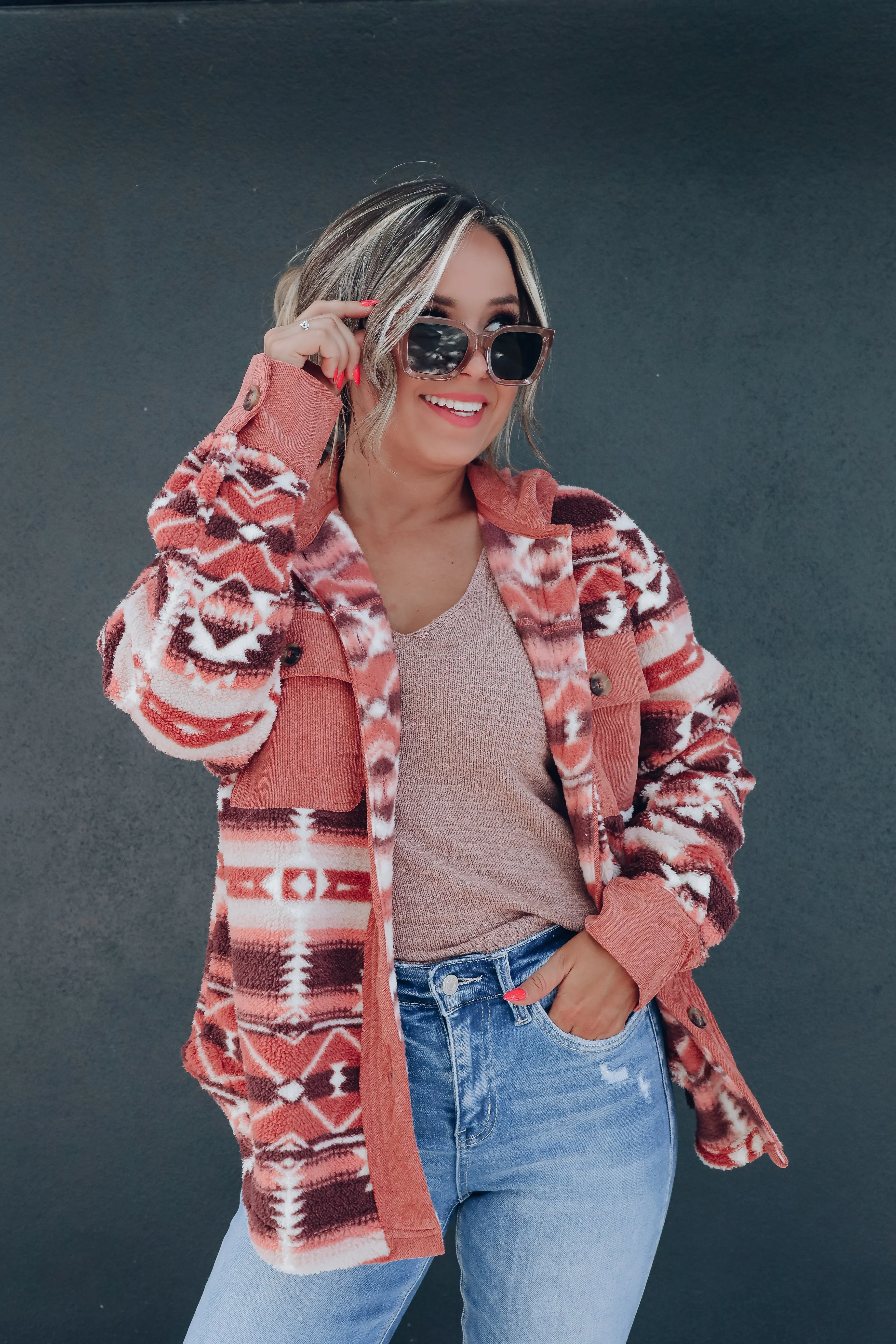 Cozy Aztec Sherpa Shacket - Rose/Tan