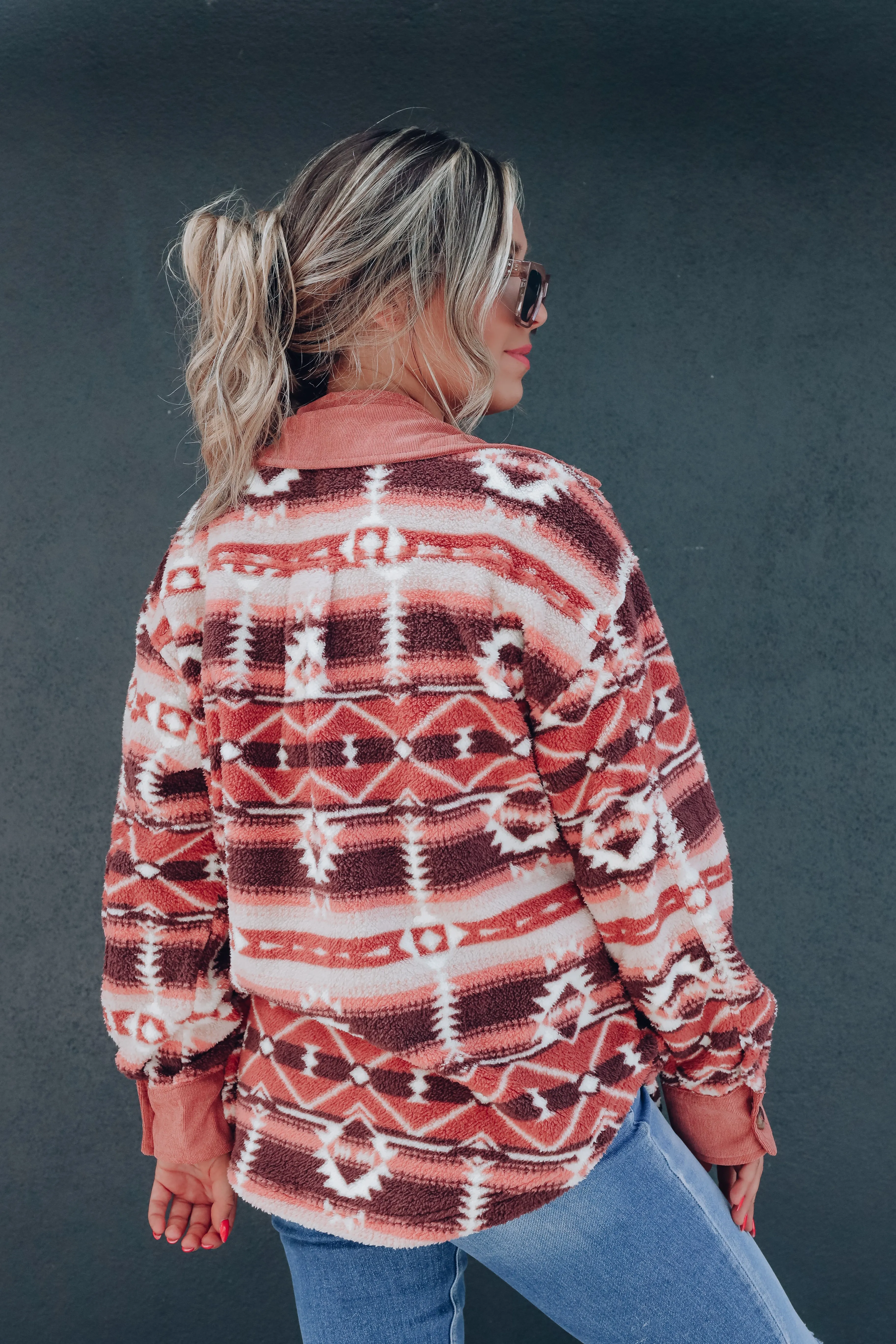 Cozy Aztec Sherpa Shacket - Rose/Tan