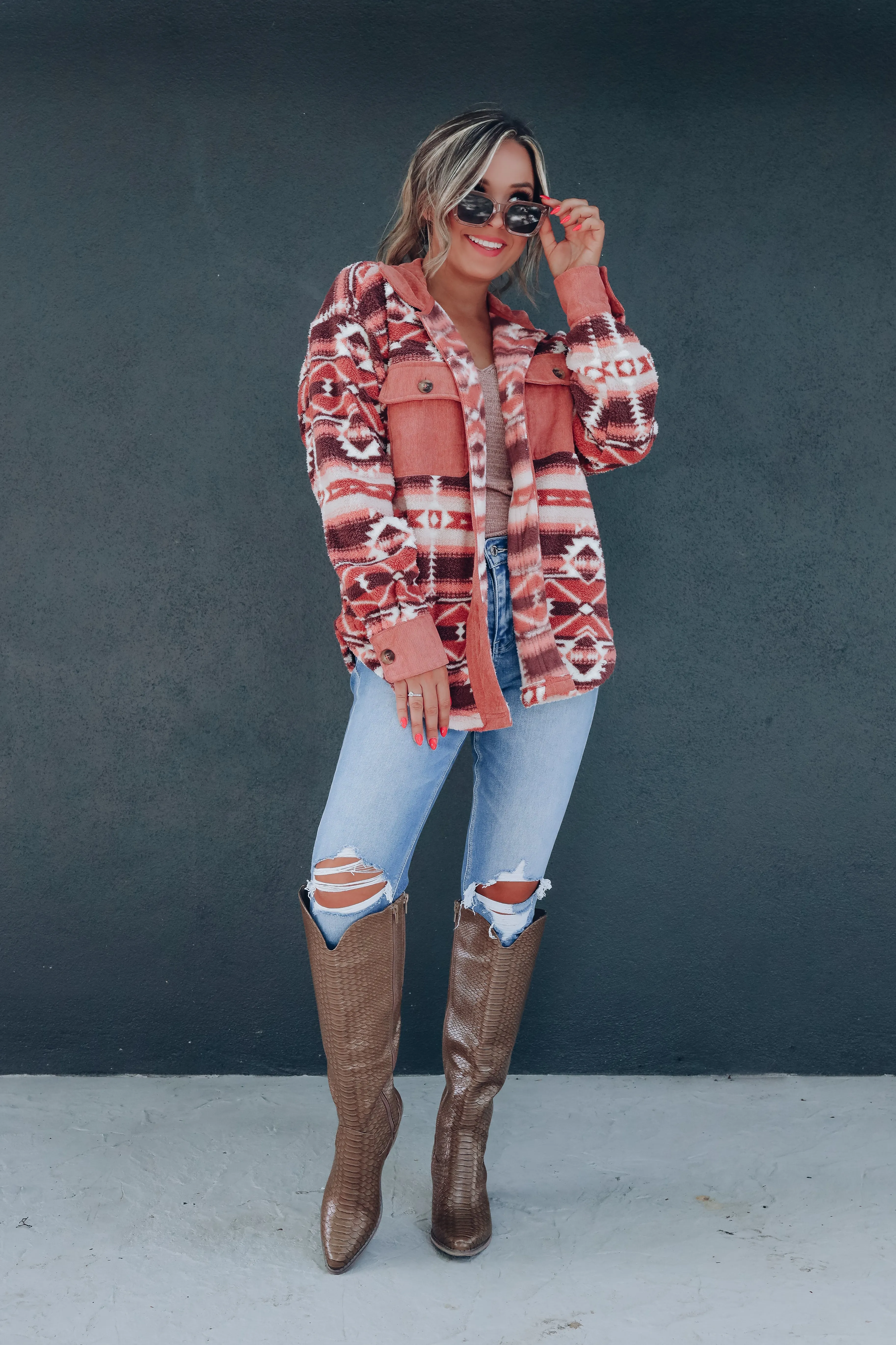 Cozy Aztec Sherpa Shacket - Rose/Tan