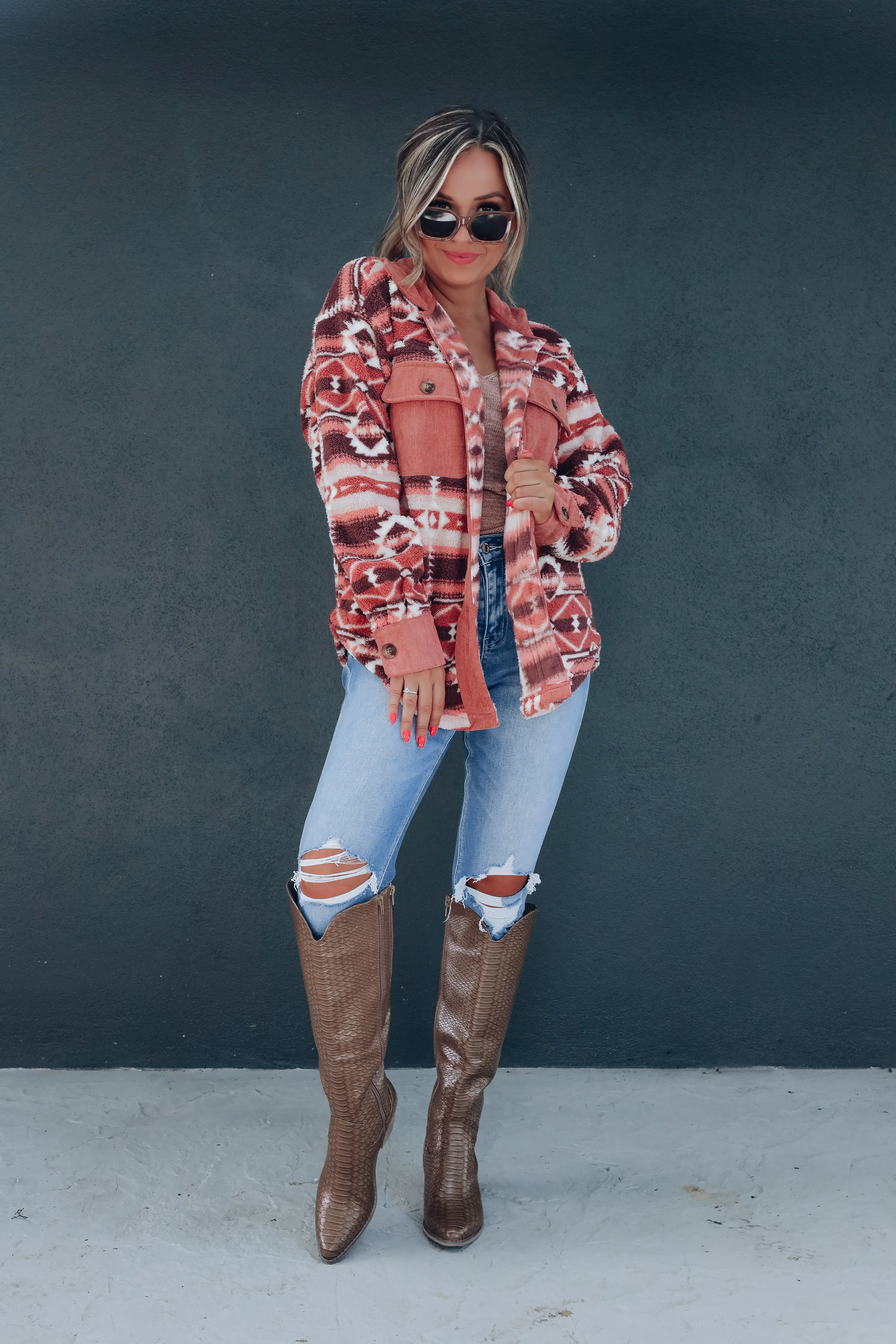 Cozy Aztec Sherpa Shacket - Rose/Tan