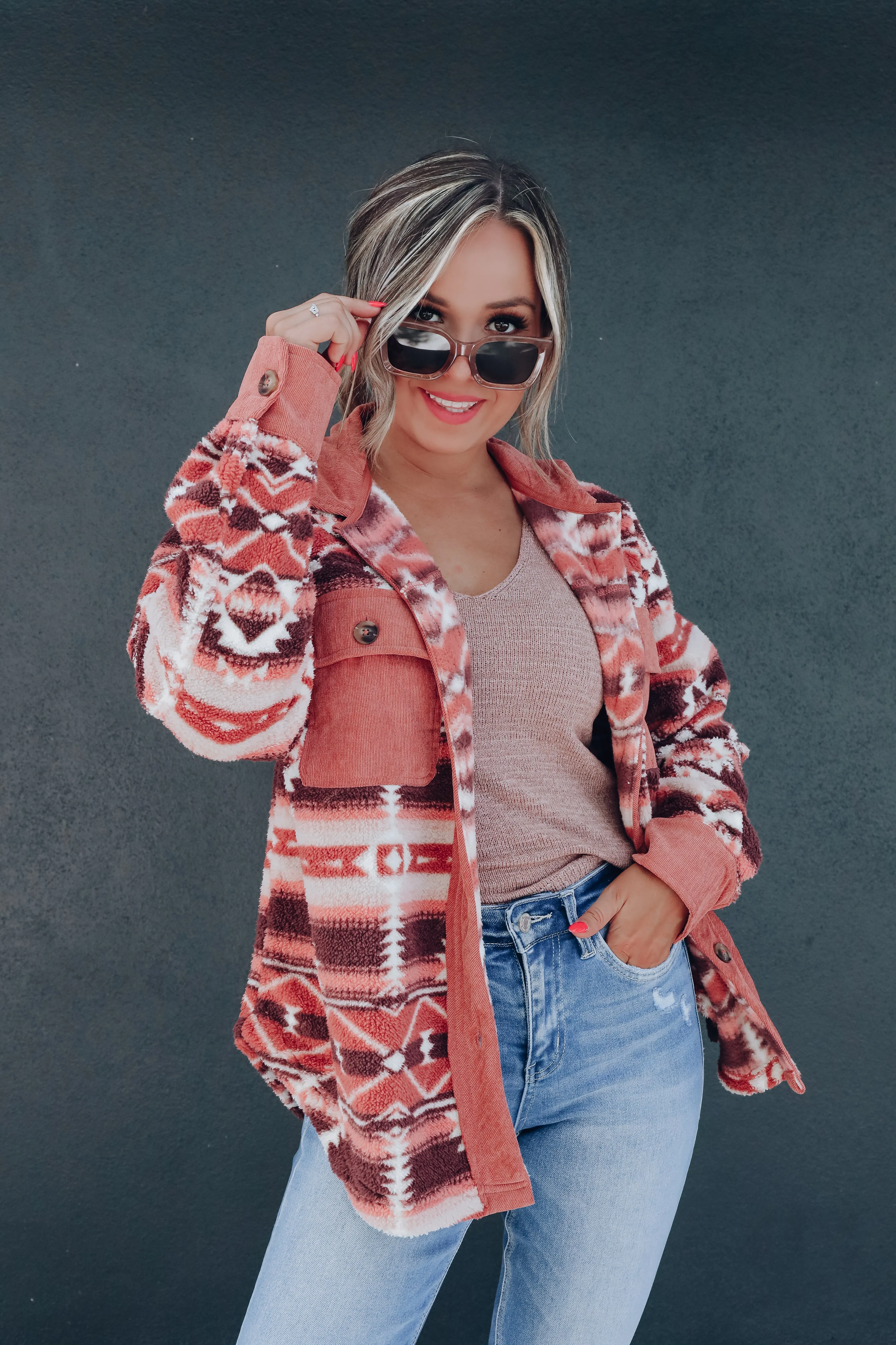 Cozy Aztec Sherpa Shacket - Rose/Tan