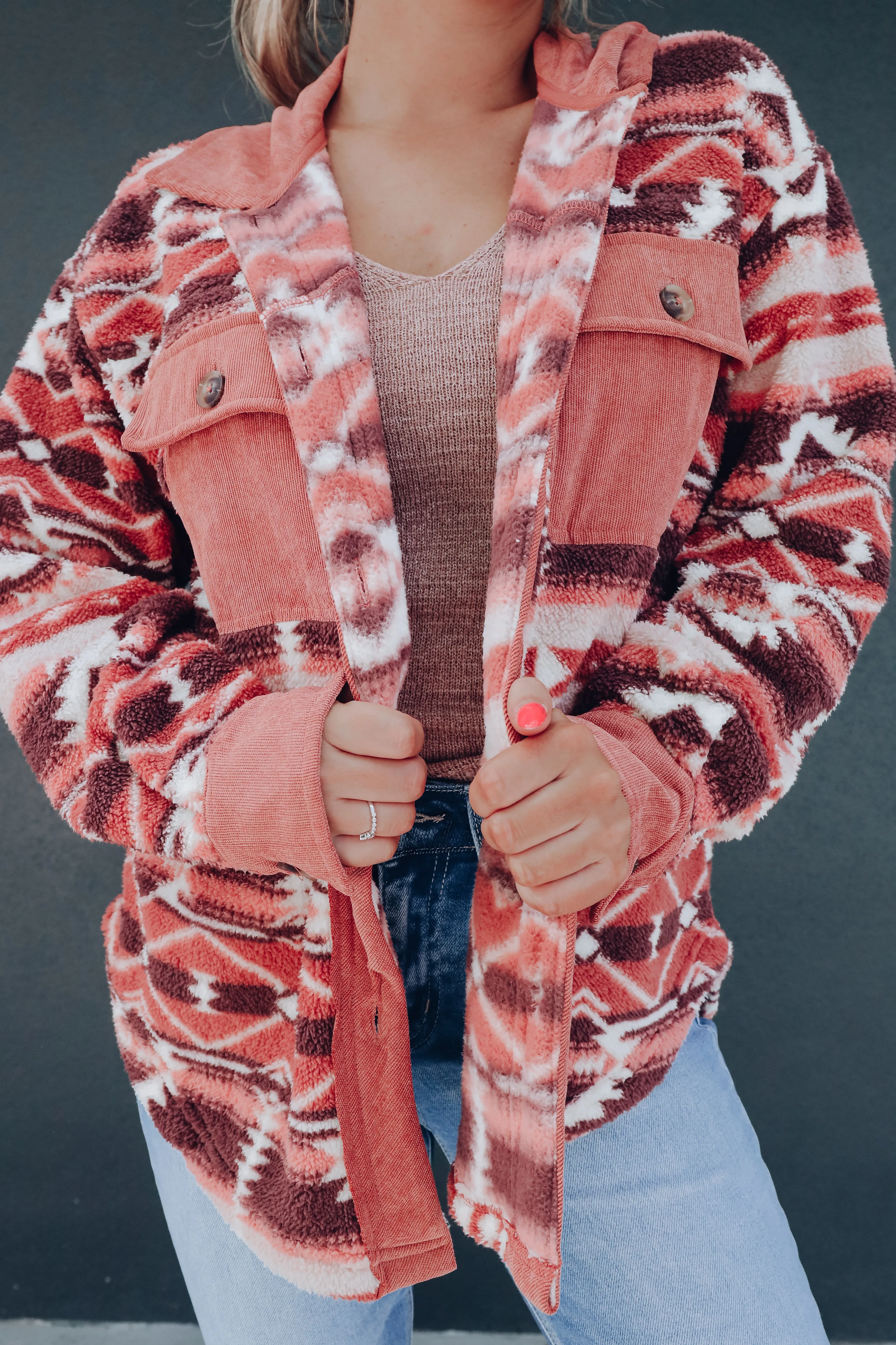 Cozy Aztec Sherpa Shacket - Rose/Tan