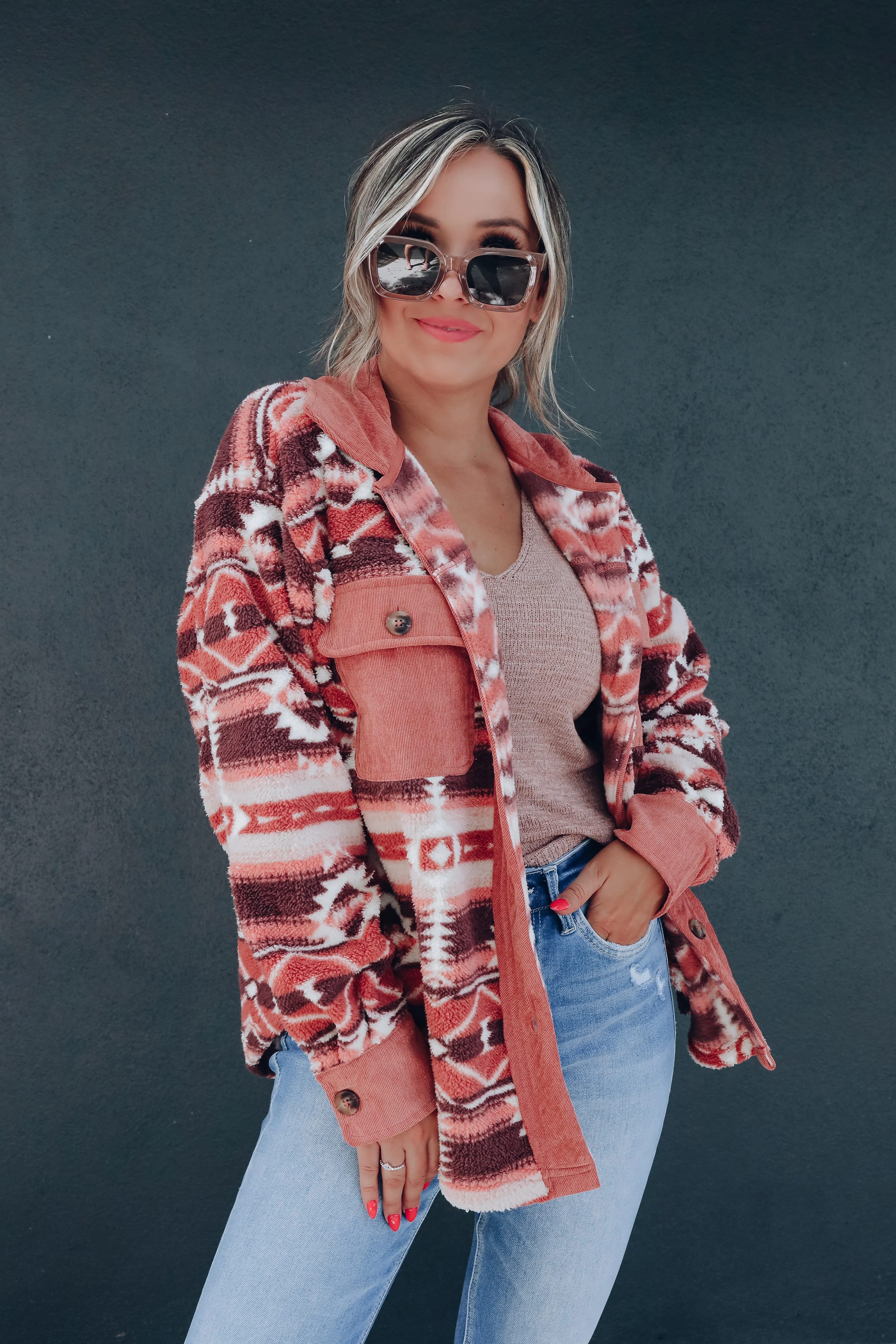 Cozy Aztec Sherpa Shacket - Rose/Tan