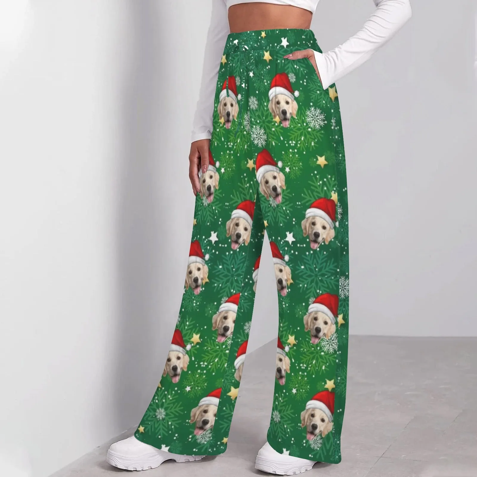 Custom Face Christmas Snowflake Pattern Women's Drawstring Wide Leg Sweatpants