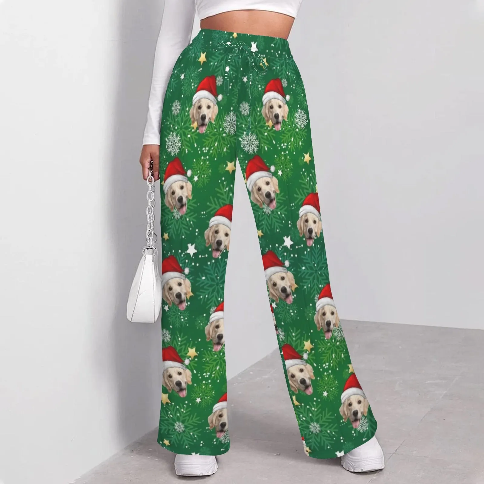 Custom Face Christmas Snowflake Pattern Women's Drawstring Wide Leg Sweatpants