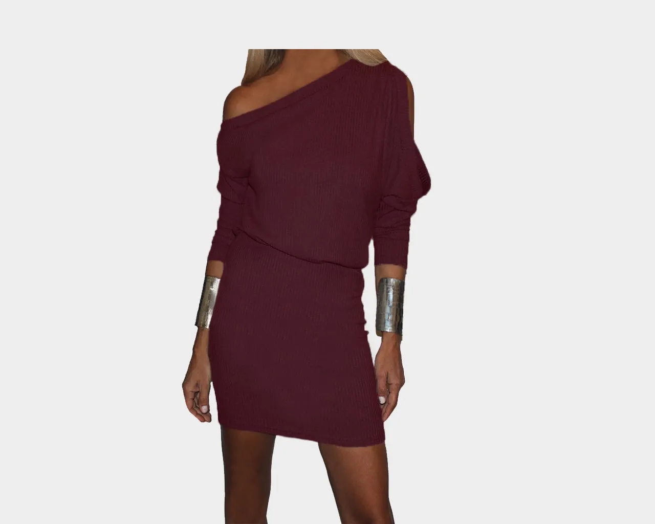 Deep Plum Open Shoulder Dress - The Bond Street Dress