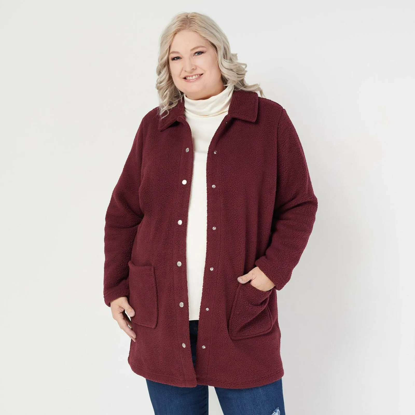 Denim & Co. Plus Size Sherpa Bonded With Fleece Snap Jacket Burgundy 2X