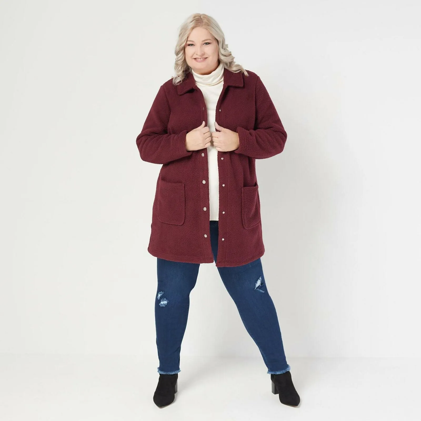 Denim & Co. Plus Size Sherpa Bonded With Fleece Snap Jacket Burgundy 2X