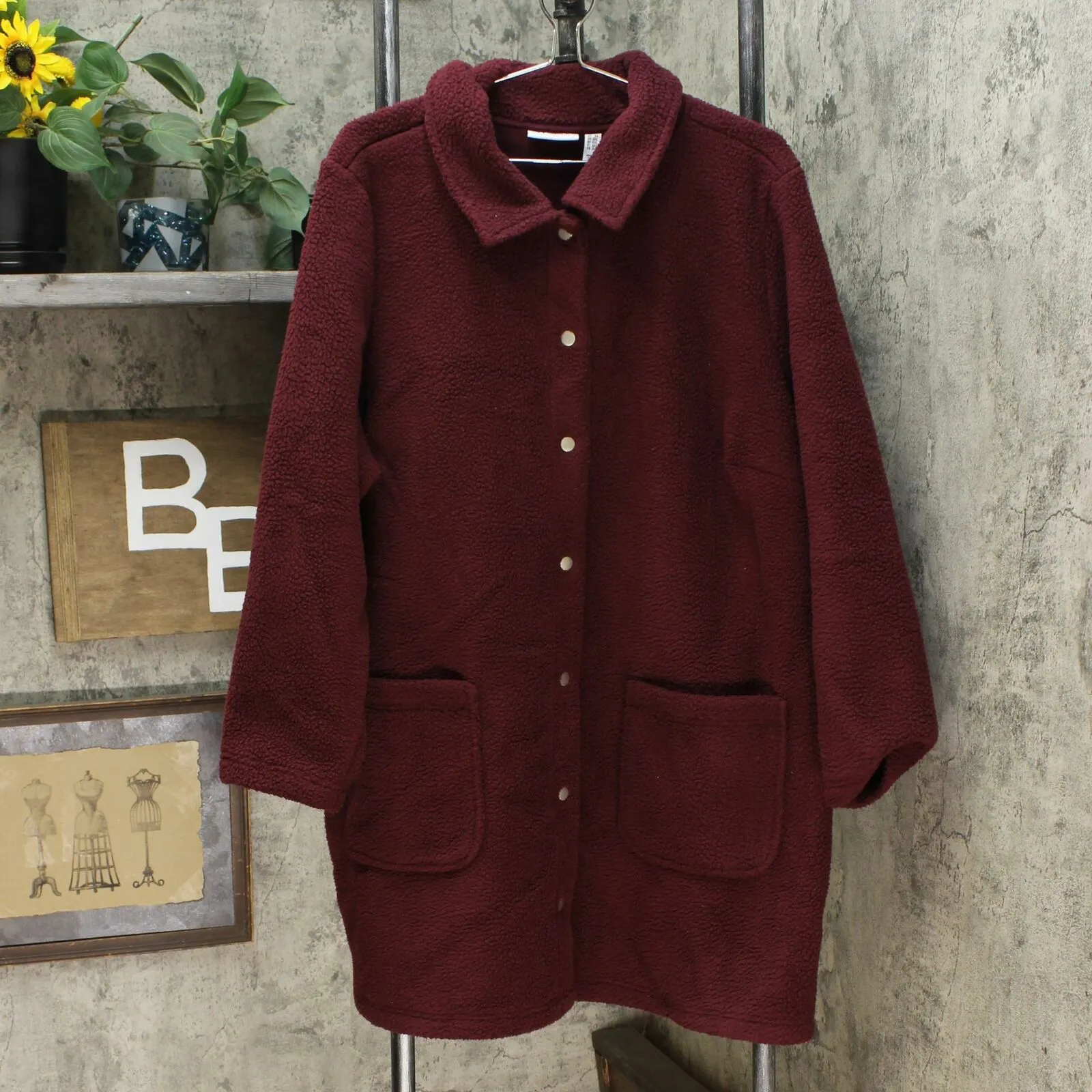 Denim & Co. Plus Size Sherpa Bonded With Fleece Snap Jacket Burgundy 2X