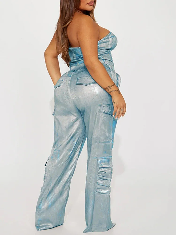 Denim Two Piece Set For Women Strapless Sleeveless Vest High Waist Spliced Pockets Straight Cargo Pants Casual Sets Female