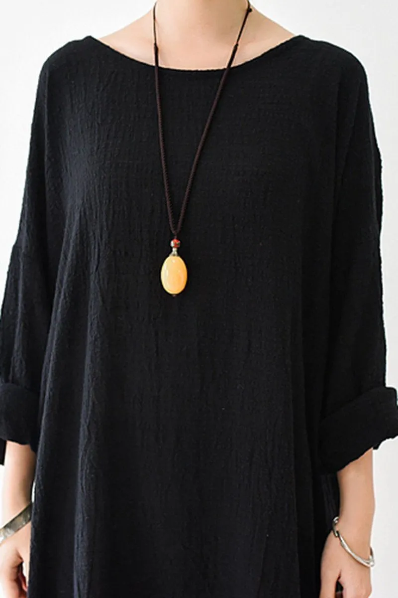 Fall Thin Black Linen Dresses Long Sleeve Linen Caftans Gown