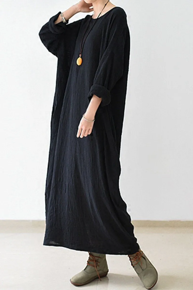 Fall Thin Black Linen Dresses Long Sleeve Linen Caftans Gown