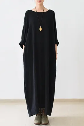Fall Thin Black Linen Dresses Long Sleeve Linen Caftans Gown