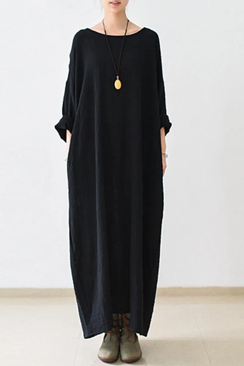 Fall Thin Black Linen Dresses Long Sleeve Linen Caftans Gown