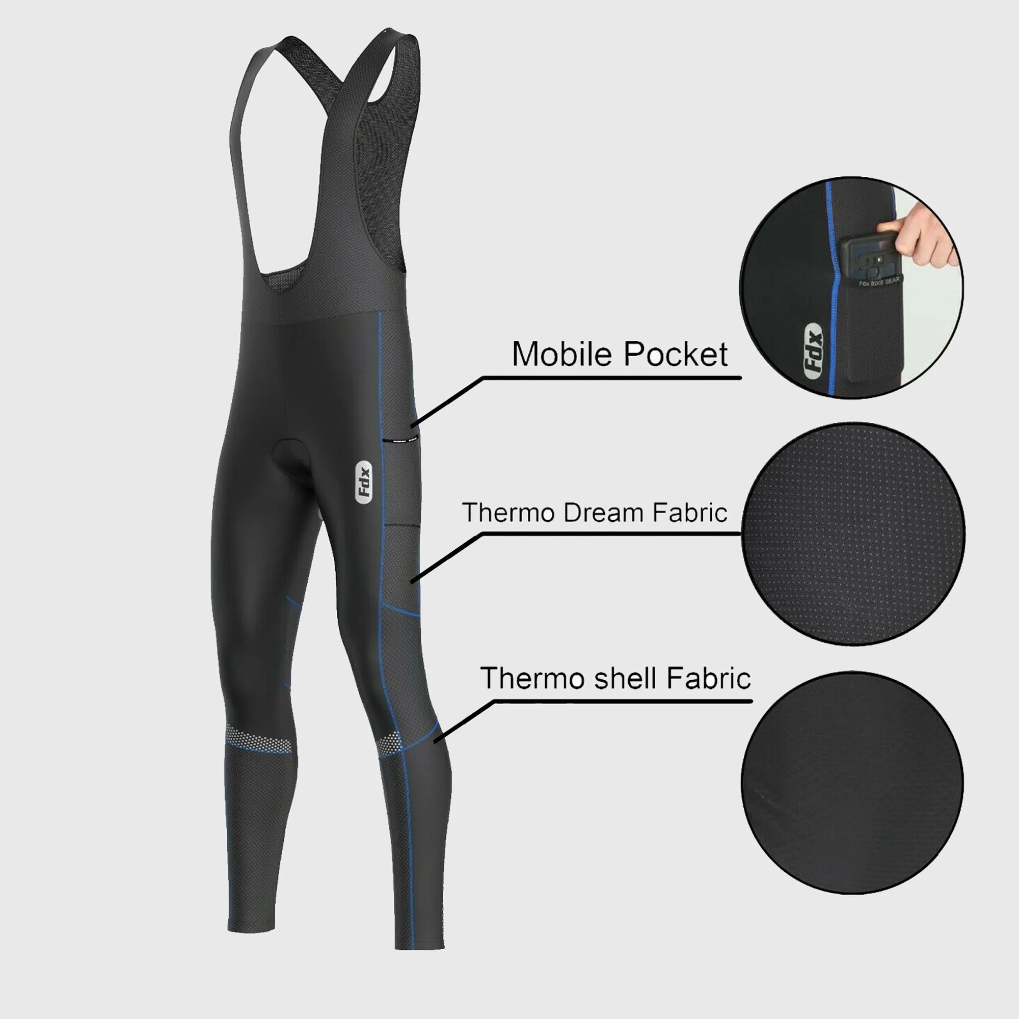 Fdx Men's & Boy's Set All Day Thermal Roubaix Long Sleeve Cycling Jersey & Cargo Bib Tights - Blue
