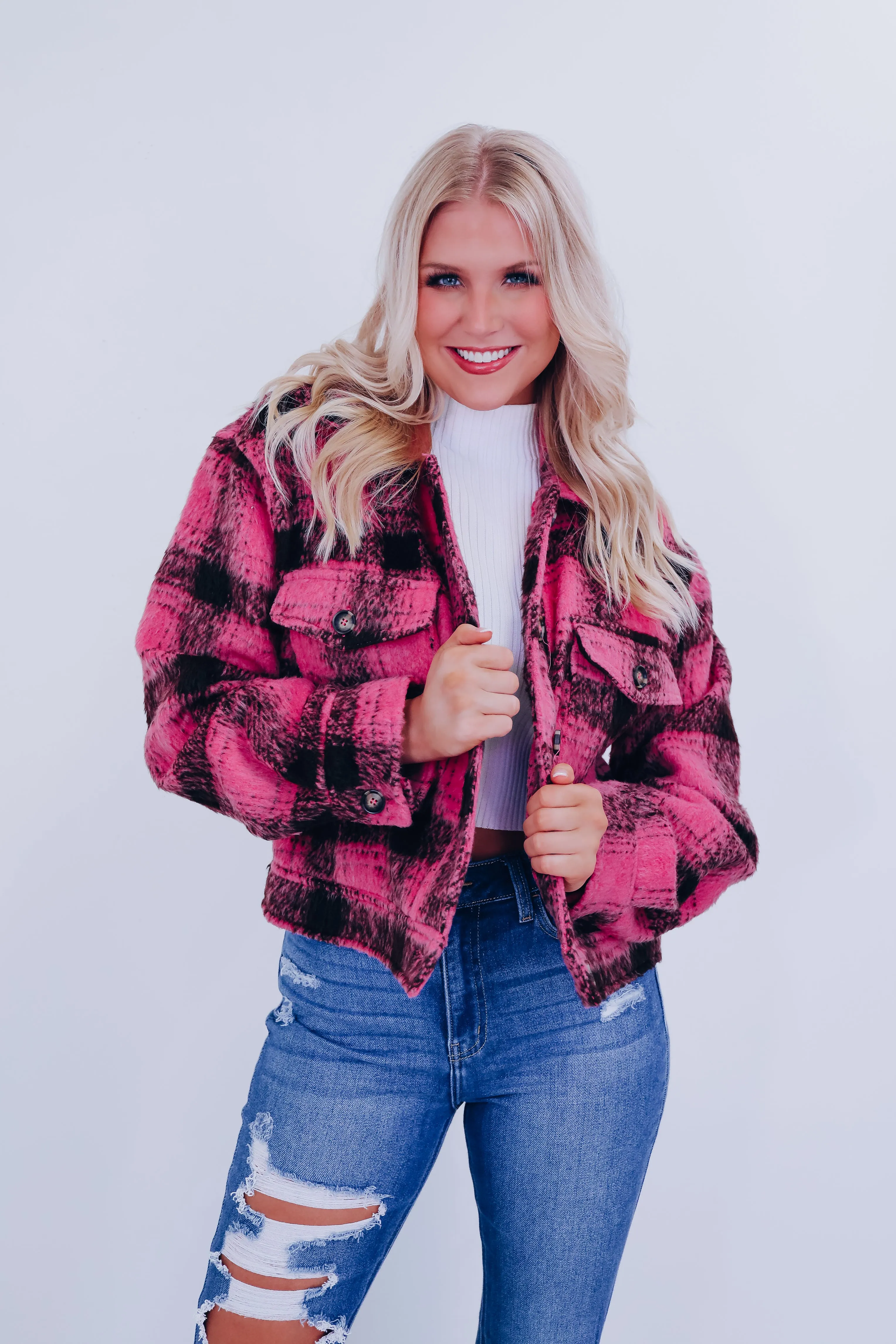 Foley Fuzzy Plaid Shacket - Pink