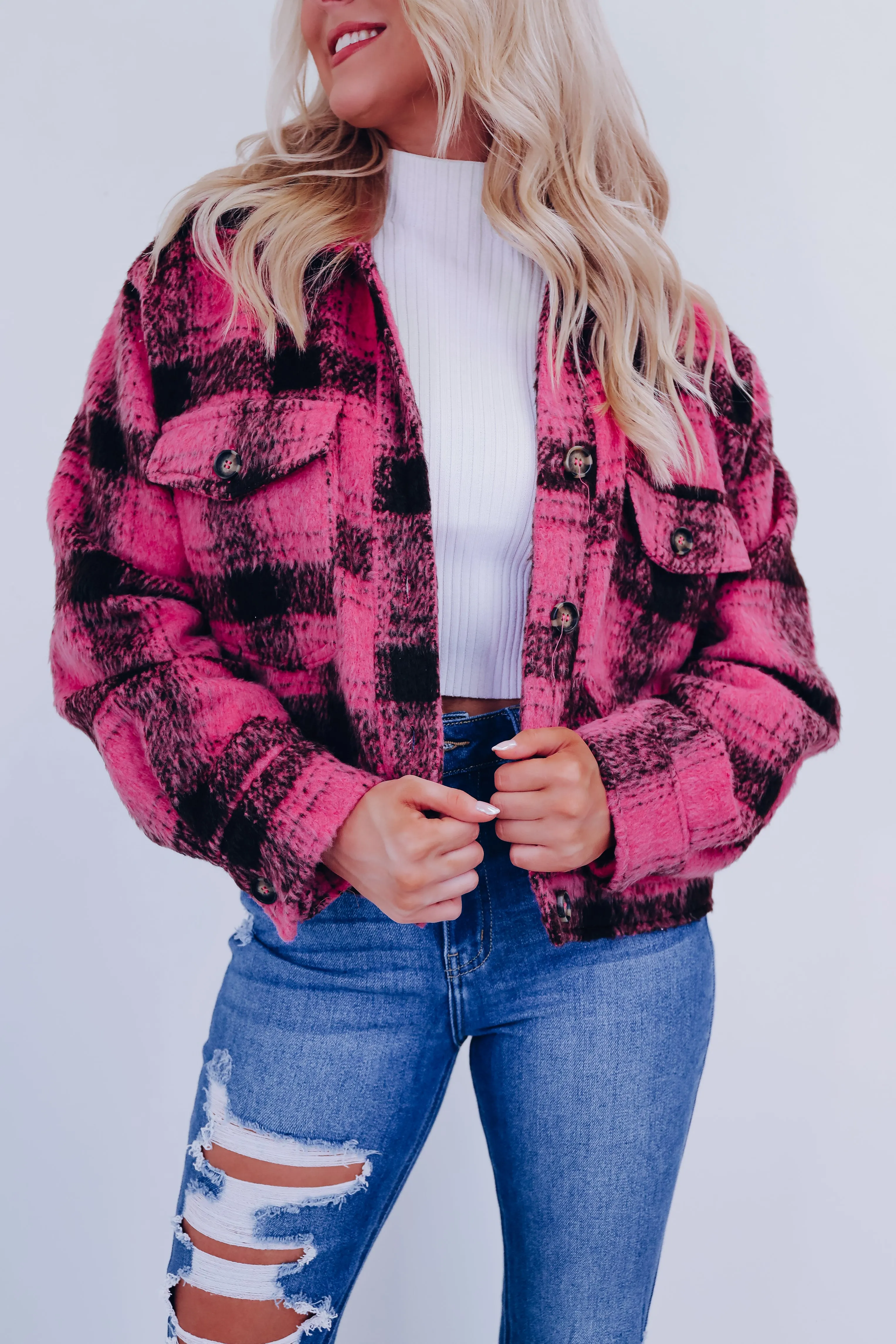 Foley Fuzzy Plaid Shacket - Pink