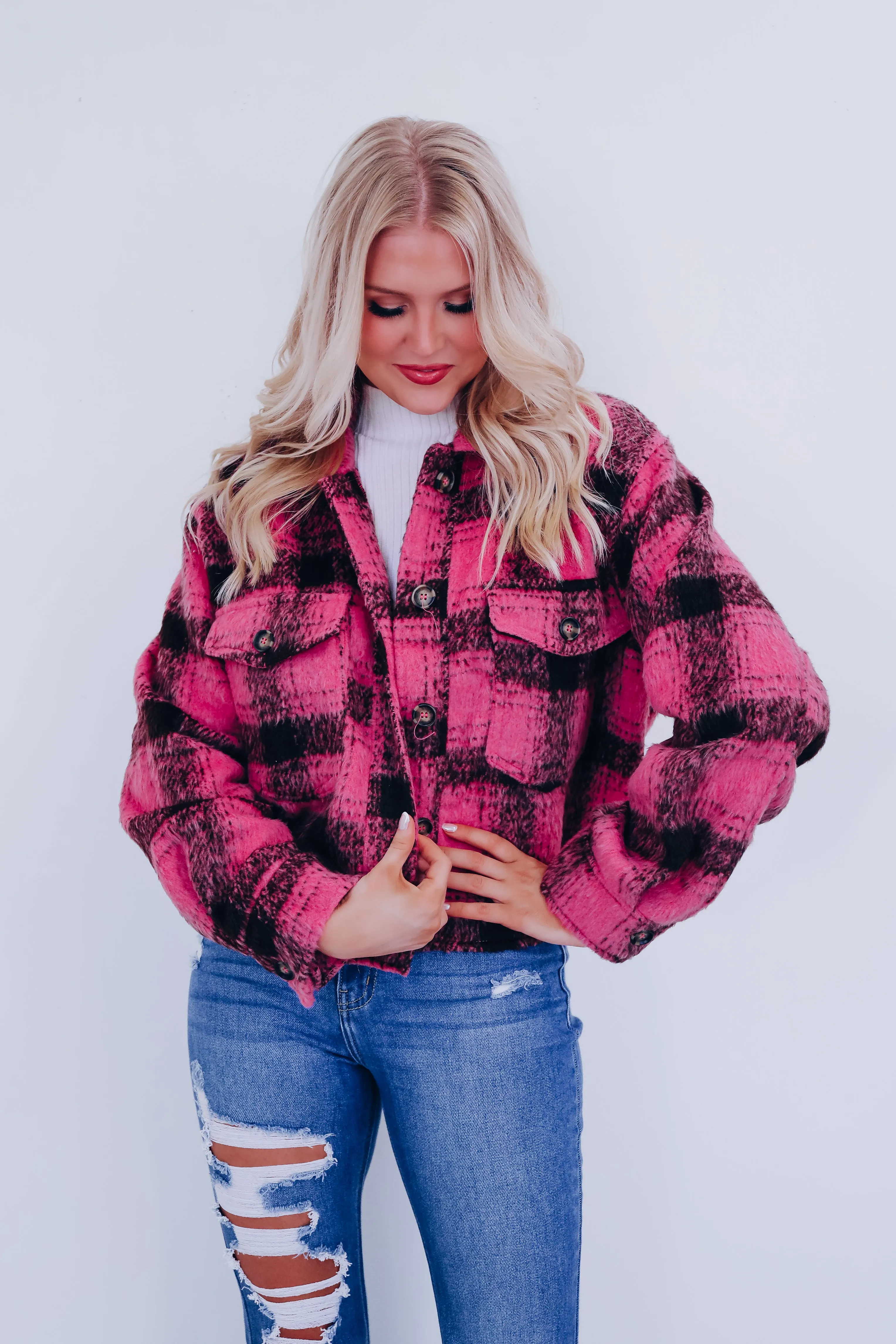 Foley Fuzzy Plaid Shacket - Pink