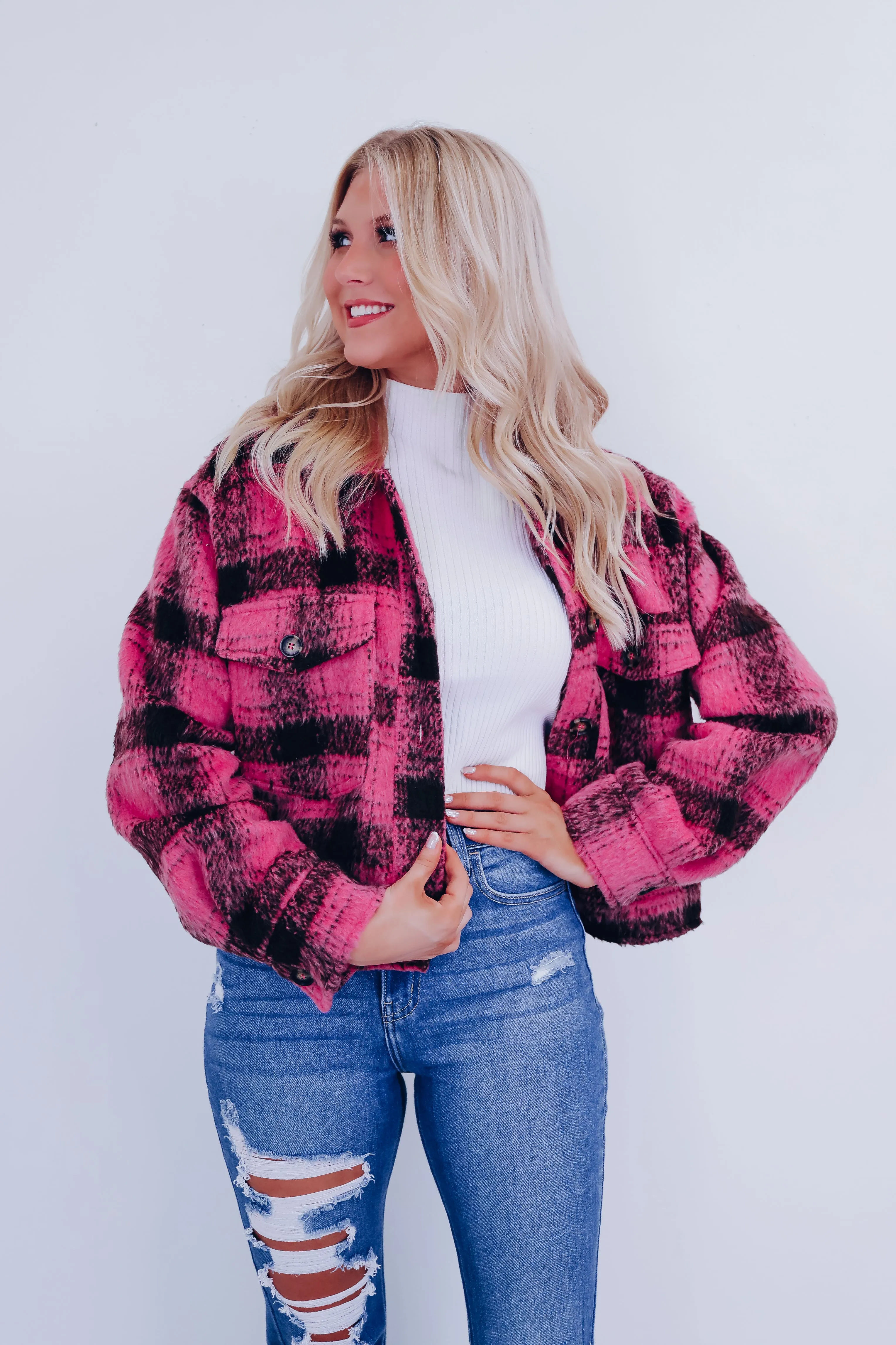 Foley Fuzzy Plaid Shacket - Pink