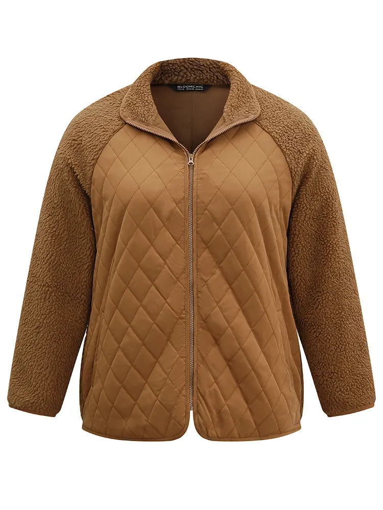Fuzzy Raglan Sleeve Quilted Zipper Fly Jacket
