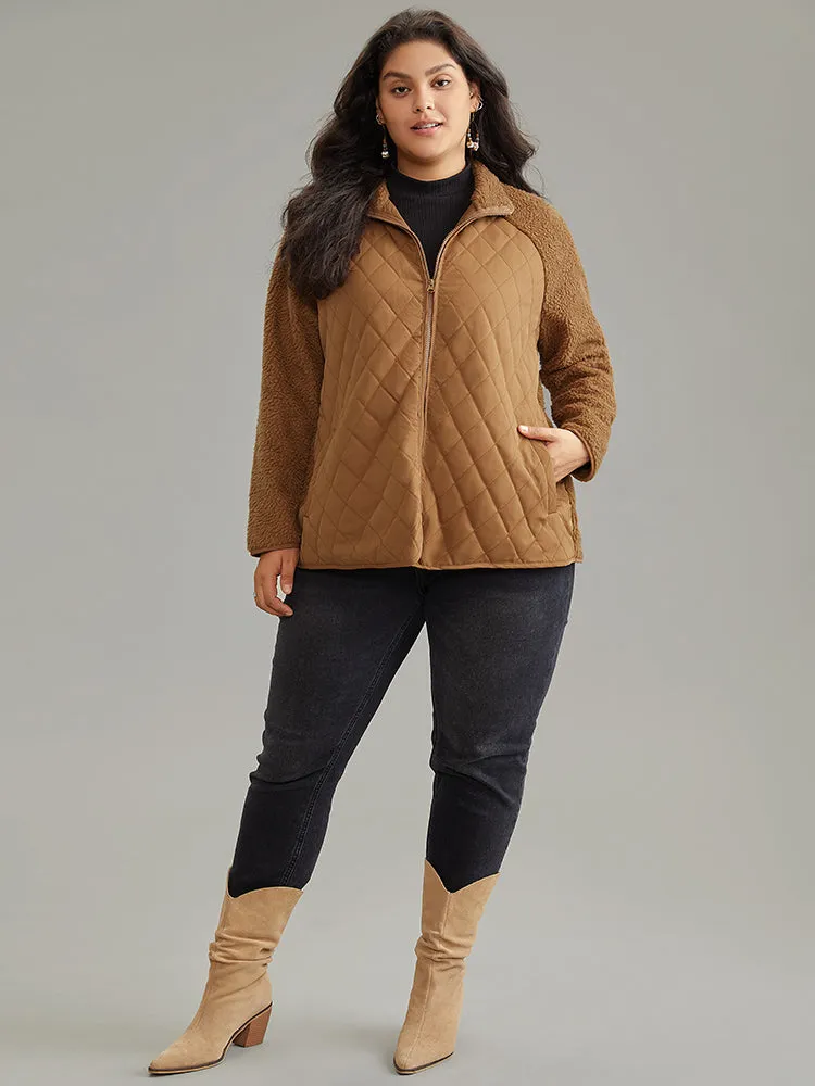 Fuzzy Raglan Sleeve Quilted Zipper Fly Jacket